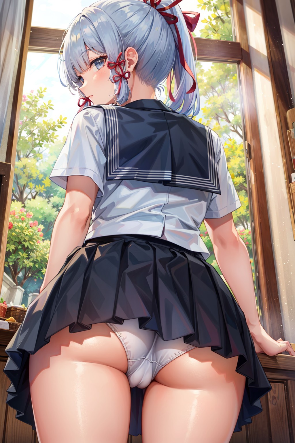 ai generated, alternate costume, ass, blush, cameltoe, female, from behind, from below, genshin impact, hair ornament, huge ass, kamisato ayaka, long hair, looking at viewer, looking back, panties, ponytail, pussy, school uniform, shiny, shiny hair, shiny skin, silver eyes, silver hair, skirt, solo, upskirt