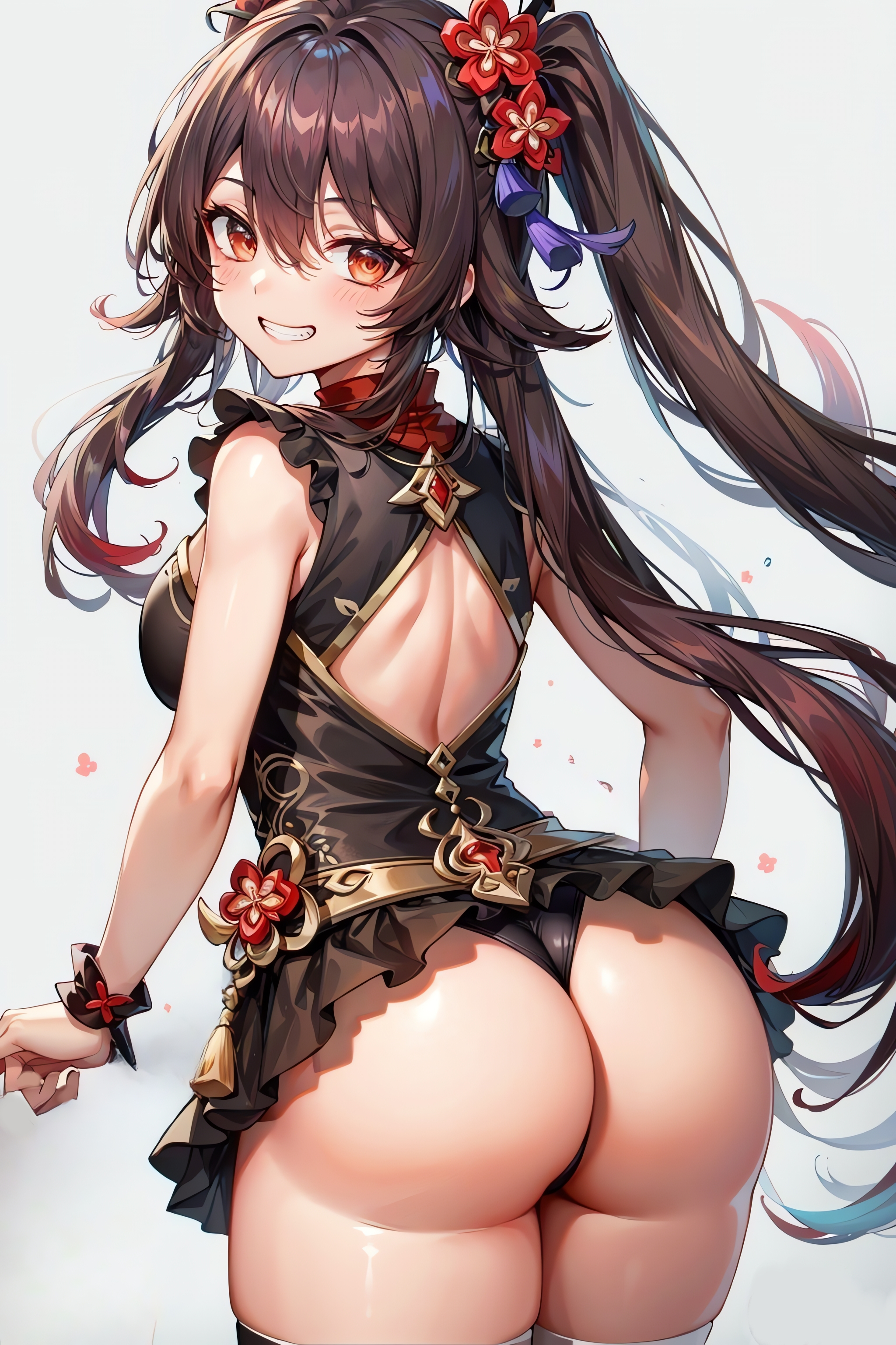 ai generated, alternate costume, ass, bare shoulders, blush, breasts, brown eyes, brown hair, come hither, dress, female, from behind, genshin impact, grin, hair flower, hair ornament, hu tao (genshin impact), huge ass, long hair, looking at viewer, looking back, naughty face, shiny, shiny clothes, shiny hair, shiny skin, short dress, sideboob, smile, solo, thong, twintails, very long hair