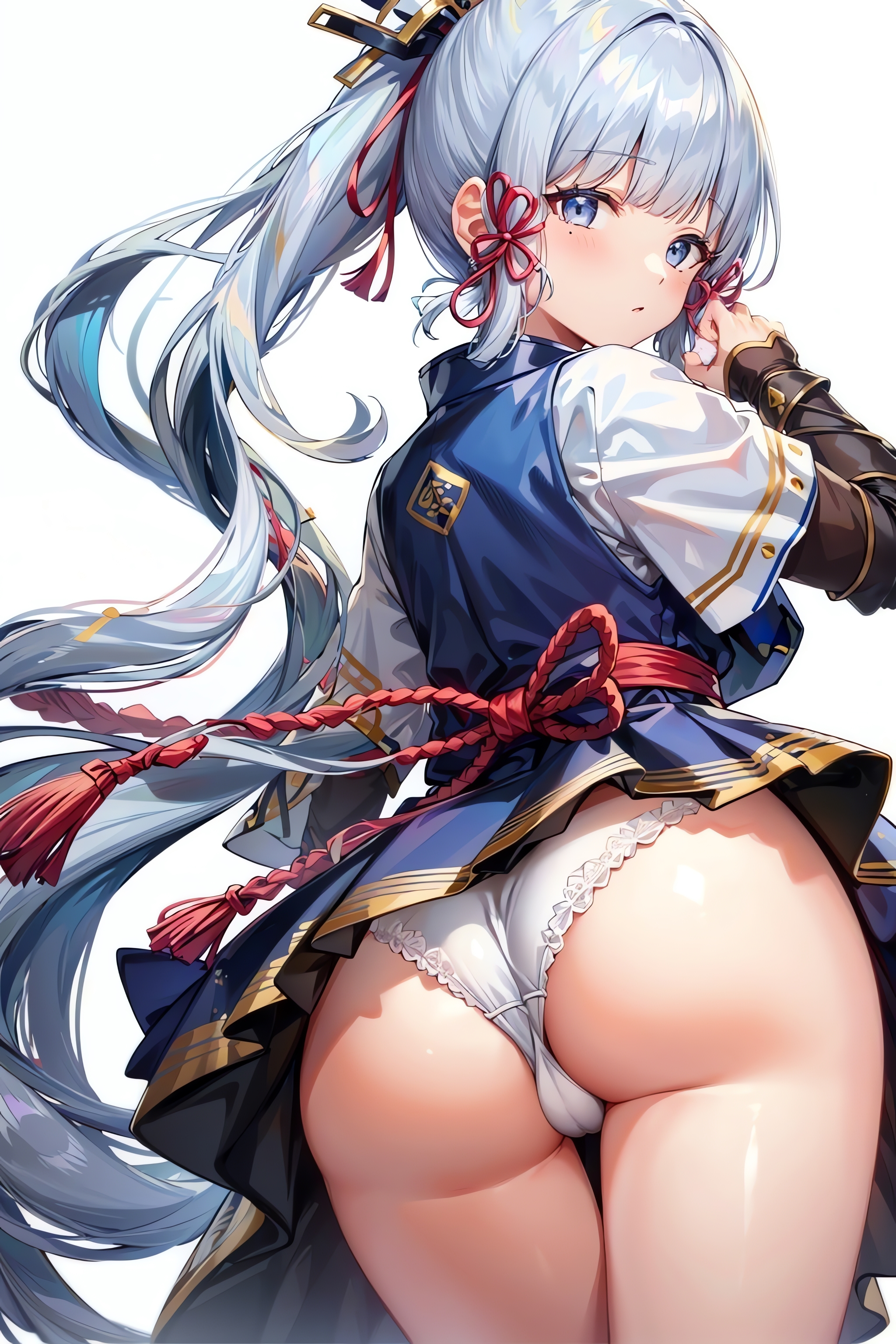 ai generated, ass, blue eyes, blush, cameltoe, cute, dress, female, from behind, from below, genshin impact, hair ornament, huge ass, japanese clothes, kamisato ayaka, long hair, looking at viewer, looking back, panties, ponytail, pussy, seductive, shiny, shiny hair, shiny skin, silver hair, skirt, solo, thigh gap, vambraces, very long hair, young, younger female