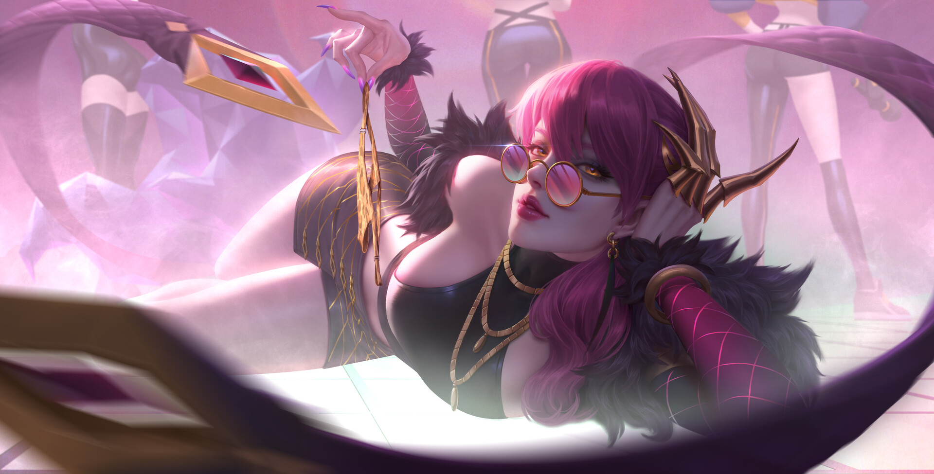 4girls, 9 tails, ahri, akali, ass, clothed, clothed female, clothing, demon, detached sleeves, earrings, evelynn, eyewear, female, female focus, female only, finger claws, holding panties, jewelry, jia cai, k/da ahri, k/da akali, k/da evelynn, k/da kai'sa, k/da series, kai'sa, kneehighs, league of legends, lipstick, long fingernails, looking over eyewear, looking over glasses, looking over sunglasses, multi tail, nine tailed fox, on model, on side, panties, panties removed, pink nails, pink-tinted eyewear, purple hair, red lipstick, red-framed eyewear, short skirt, side ponytail, succubus, sunglasses, thighhighs, thong, tinted eyewear, vastaya, yellow eyes