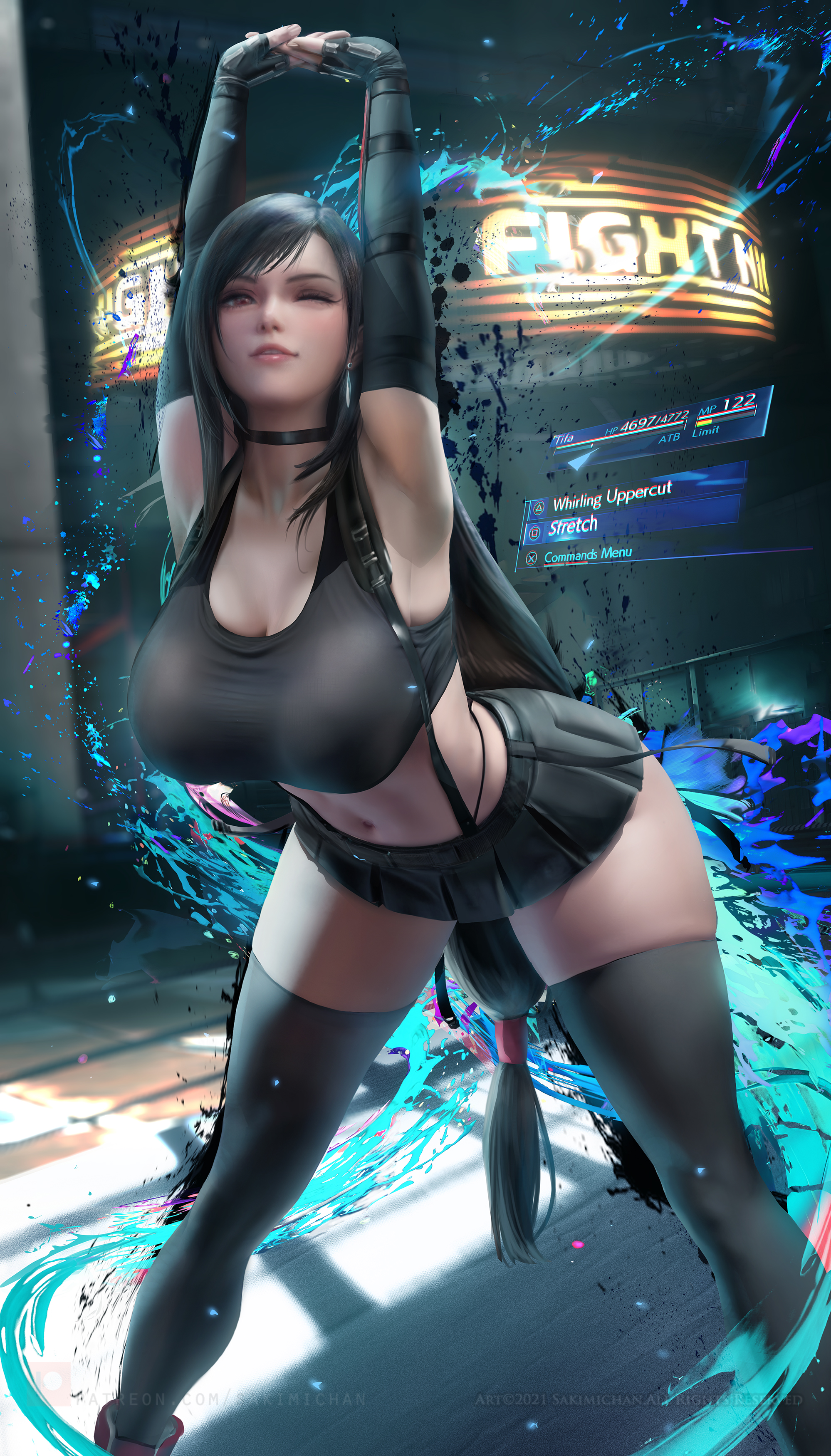 ass, big ass, breasts, cammy stretch, female, final fantasy, final fantasy vii, hourglass figure, huge breasts, sakimichan, skirt, thick thighs, tifa lockhart