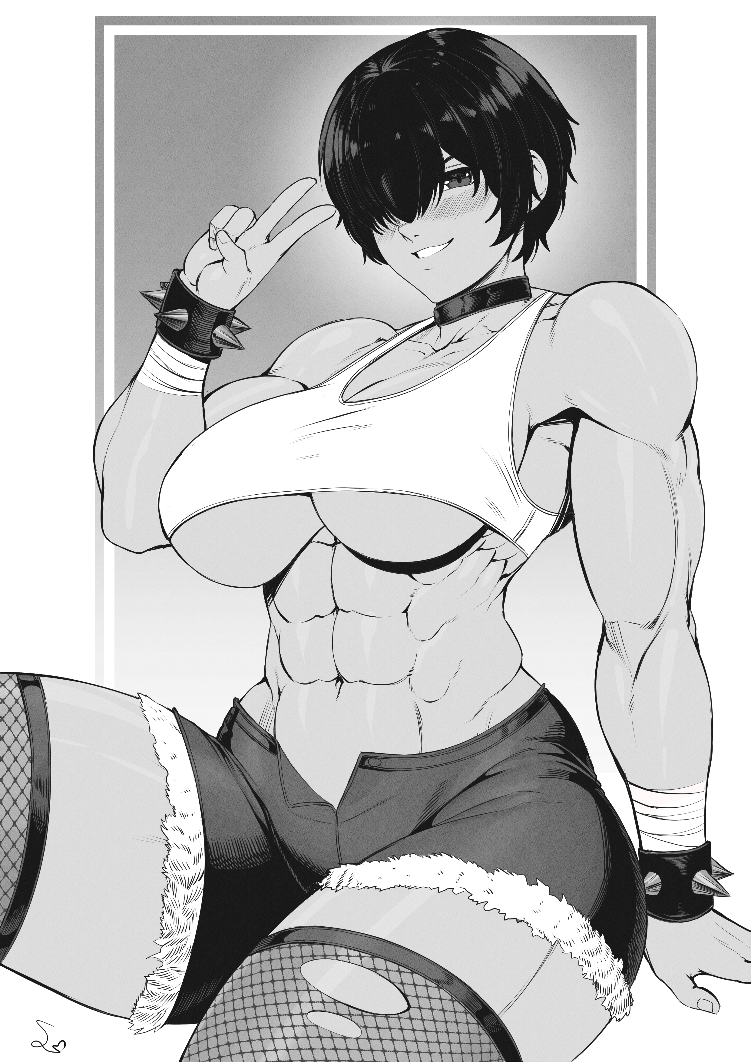 1girls, absurd res, bandage, biceps, blush, bracelet, breasts, choker, cleavage, collar, female, fishnet legwear, fishnets, greyscale, hair over one eye, hi res, looking at viewer, monochrome, muscular, muscular arms, muscular female, original, original character, short hair, shorts, signature, simple background, solo, speedl00ver, spiked bracelet, thick thighs, tomboy, unbuttoned, underboob, v, very short hair