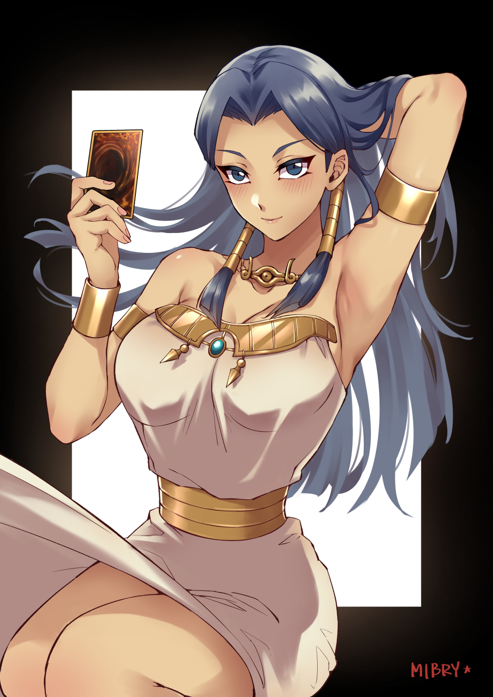 1girls arm_grab armpits blue_eyes blue_hair blush cleavage dark-skinned_female dark_skin dress female_only holding_card isis_ishtar long_hair looking_at_viewer medium_breasts mibry_(phrysm) necklace solo_focus thick_thighs thighs uncensored wide_hips yu-gi-oh! yu-gi-oh!_duel_monsters