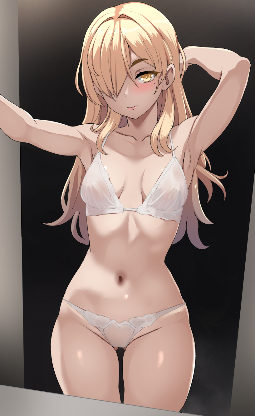 1girls ass_visible_through_thighs bare_thighs beauty_mark blonde_hair bra breasts female female_only hair_over_one_eye lainart long_hair looking_at_viewer mole mole_under_eye original panties see-through small_breasts solo thighs underwear white_panties yellow_eyes
