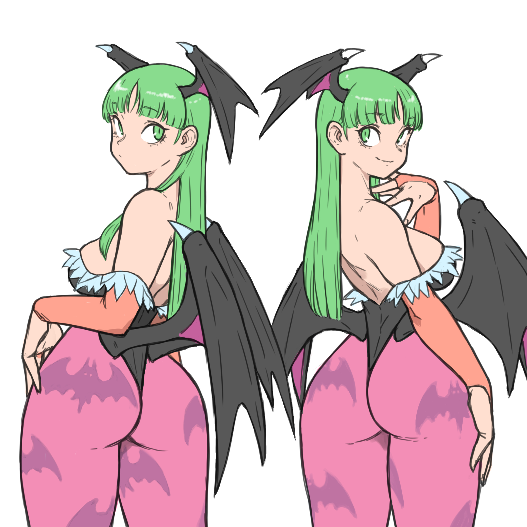 1girls, artist request, ass, bat wings, big ass, big breasts, blush, breasts, busty, capcom, clothing, curvy, darkstalkers, demon, demon girl, female, female only, fingerless gloves, from behind, gloves, green eyes, green hair, heart, huge ass, large breasts, legs, leotard, long hair, looking at viewer, looking back, morrigan aensland, multiple views, navel, sensual, sideboob, small breasts, smile, solo, succubus, thick thighs, thighs, thong leotard, voluptuous, wings