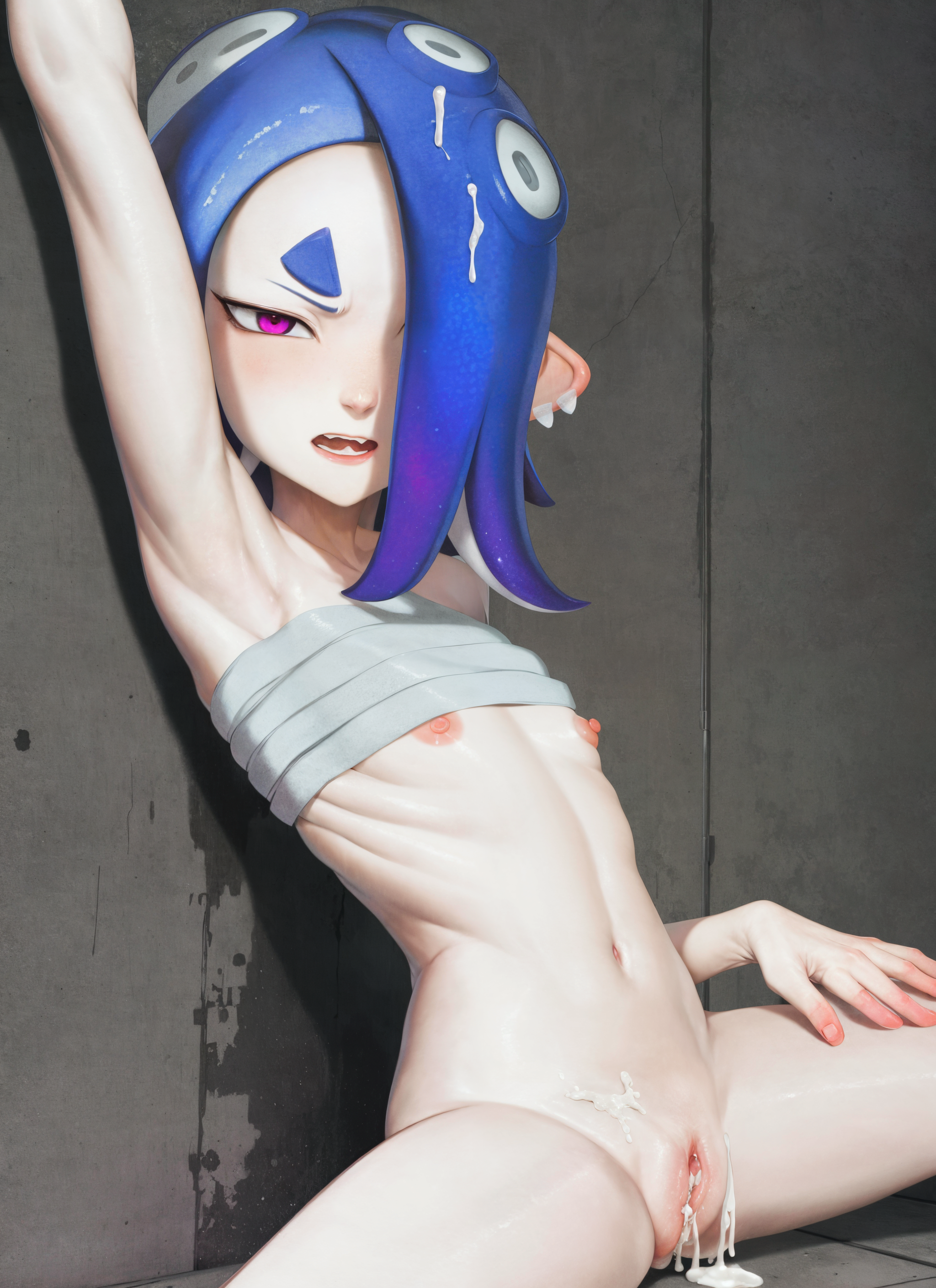 1girls, after sex, after vaginal, ai generated, angry, blue hair, cum, cum in pussy, female, flat chest, flat chested, octarian, octoling, purple eyes, pussy, rockhardart, sarashi, shiver (splatoon), splatoon