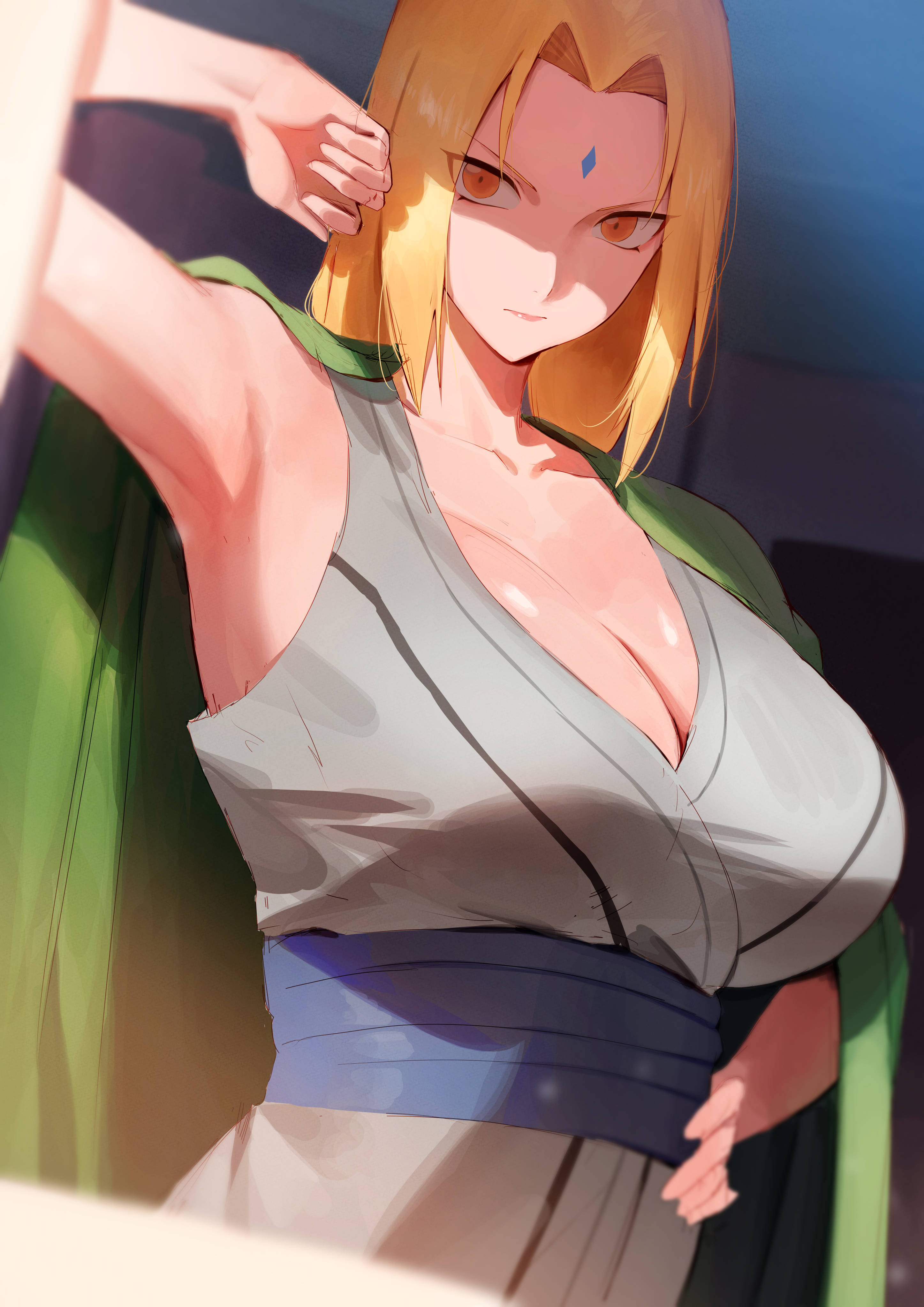 1girls, absurdres, armpits, big breasts, blonde hair, blush, breasts, cleavage, collarbone, commentary, dated commentary, facial mark, female, forehead, forehead mark, fully clothed, highres, huge breasts, japanese clothes, kimono, large breasts, mature, mature female, naruto, naruto (series), naruto shippuden, no bra, rororo, sagging breasts, shirt, sleeveless, sleeveless kimono, solo, tsunade, upper body, voluptuous, voluptuous female