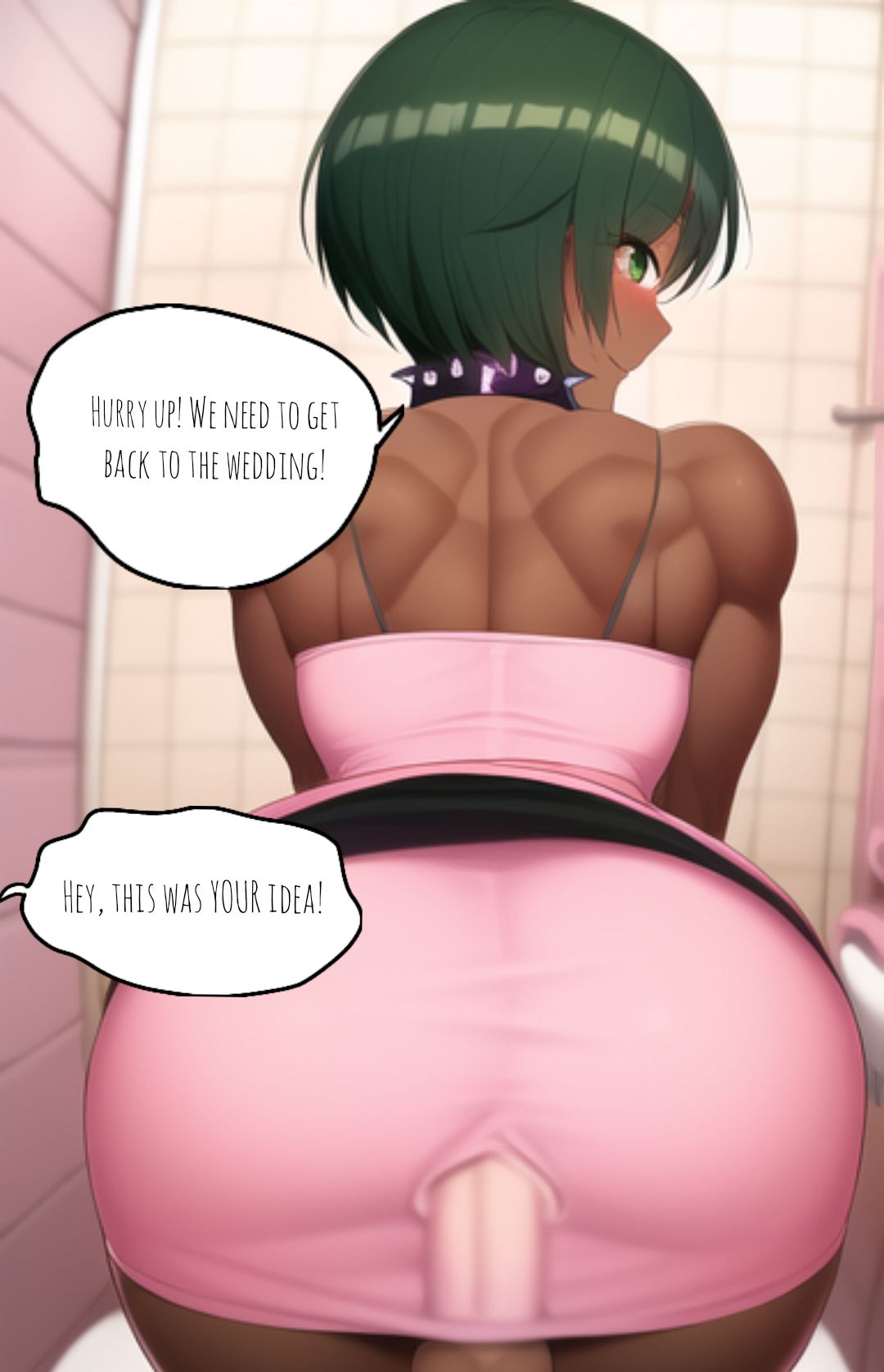 1boy 1futa ai_generated anal anal_sex bathroom bathroom_stall bridesmaid dark-skinned_futanari dark_skin dress from_behind futasub green_eyes green_hair male_on_futa male_pov morgan_(xdk141) novelai penis_under_clothes pov sex_through_clothes wedding xdk141