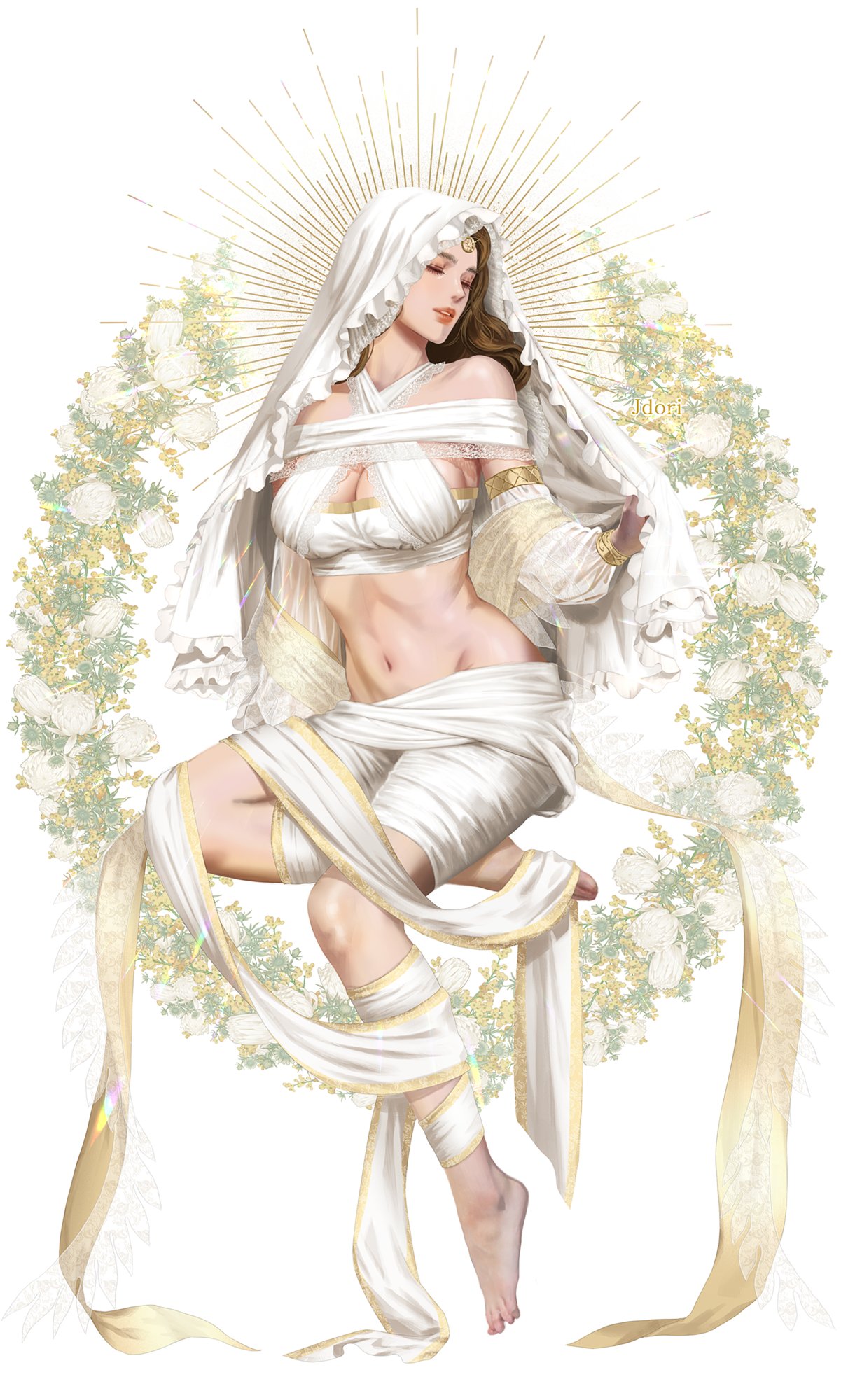 1girls, barefoot, boob window, breasts, cleavage, dark souls, deity, feet, female, female only, fromsoftware, full body, goddess, jdori, painting (artwork), queen of sunlight gwynevere, realistic, thick thighs