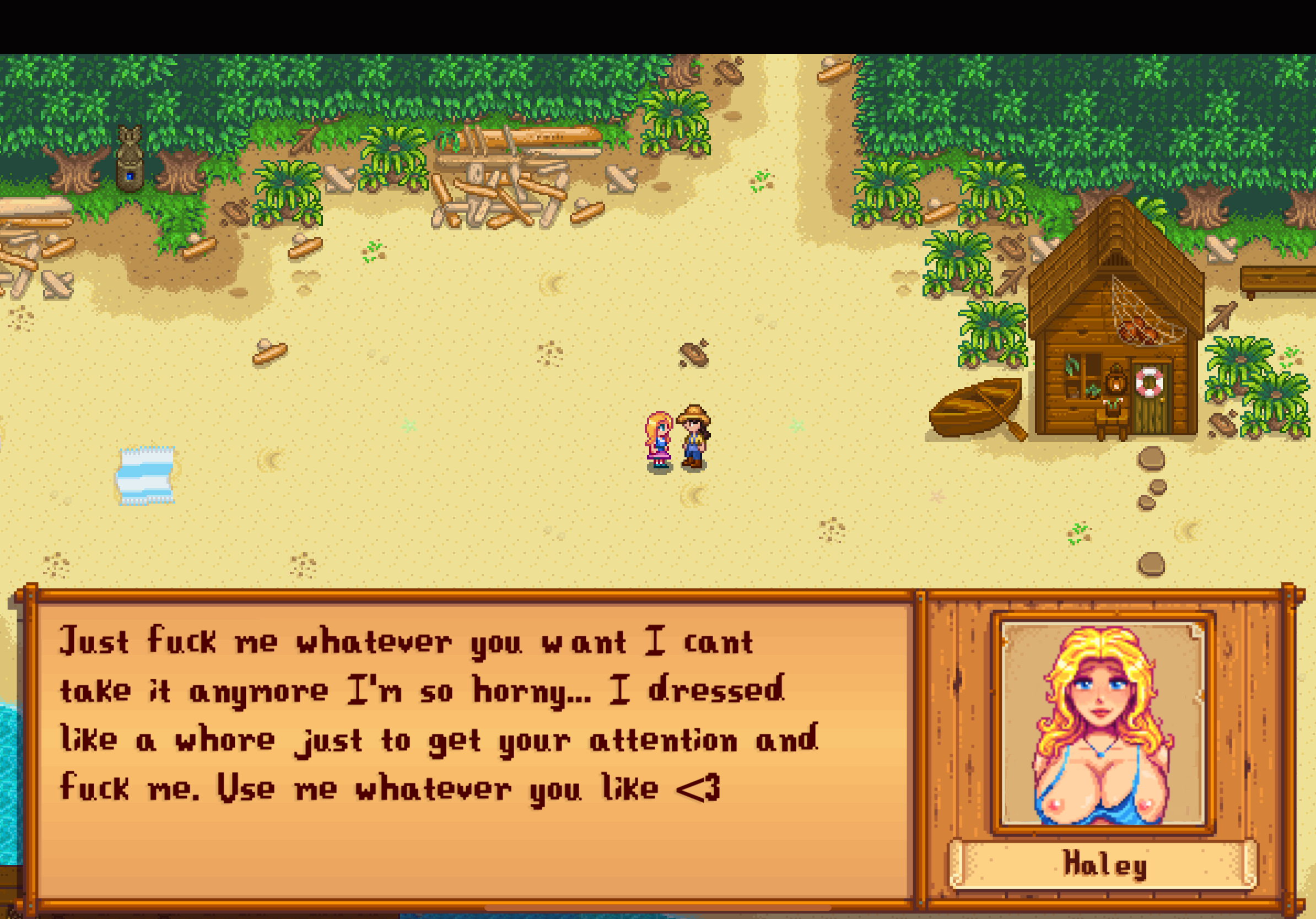 big breasts, blonde hair, breasts, domination, female, female focus, haley (stardew valley), half-dressed, horny, pink nipples, stardew valley