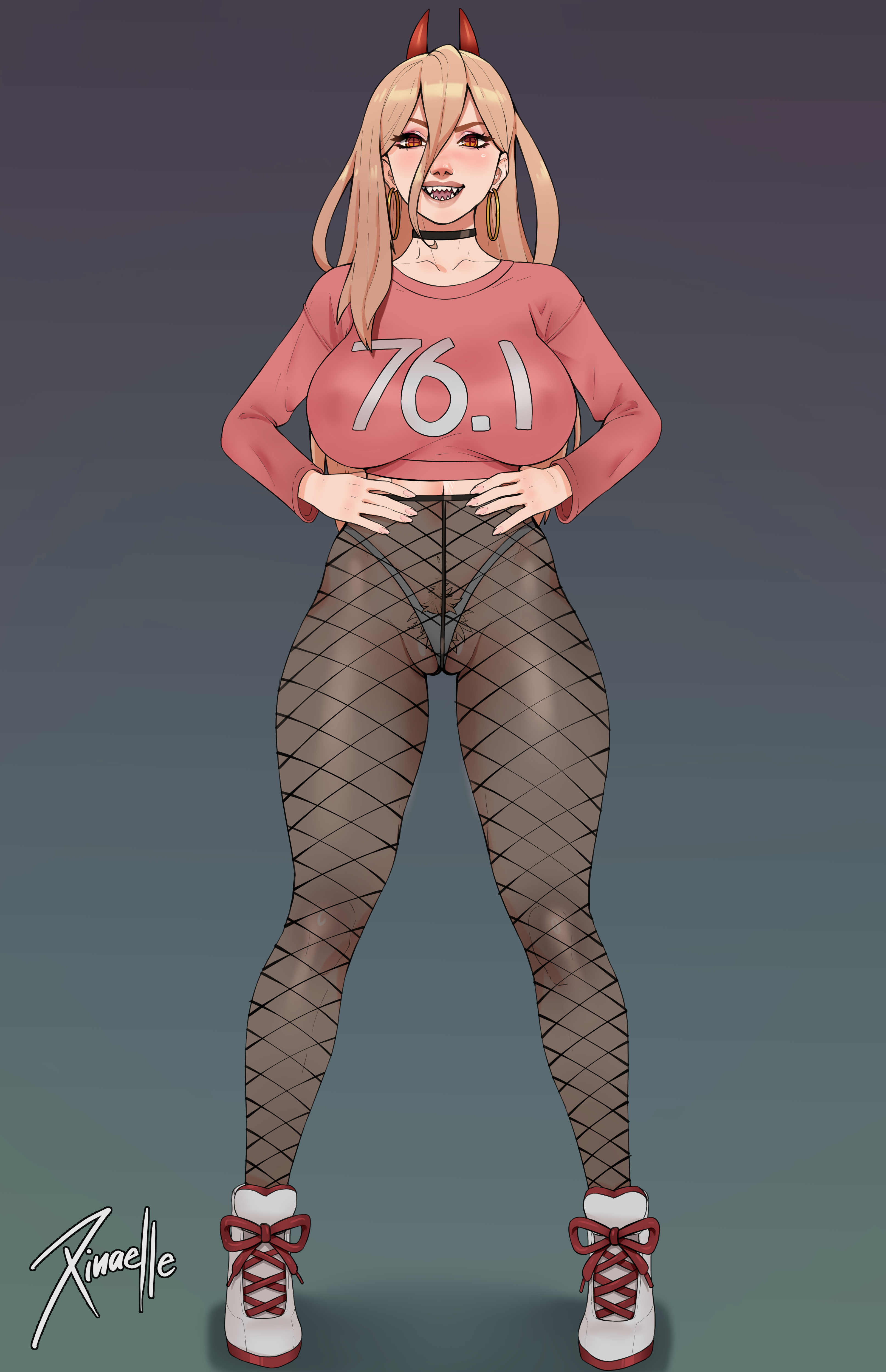 1girls, 2023, chainsaw man, curvaceous, curvy body, curvy female, curvy figure, female, female focus, female only, fishnets, happy trail, high resolution, hoop earrings, horn, legwear, light skin, light-skinned female, power (chainsaw man), power (figure), pubic hair peek, seductive eyes, signature, underwear, voluptuous, voluptuous female, xinaelle