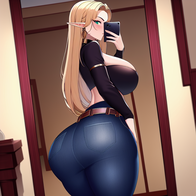 1girls ai_generated alborewimi ass belt big_ass big_breasts big_butt black_shirt blonde_hair blue_jeans blush boobs_and_butt_pose collar crop_top cropped_shirt denim denim_bottomwear denim_clothing denim_jeans dumptruck_ass earrings elf elf_ears female from_behind from_side gold_trim holding_phone huge_ass huge_butt indoors inviting jeans levanta_cola_jeans light-skinned_female mature_female mirror mirror_selfie nai_diffusion naughty pawg pockets pointy_ears presenting rear_view round_ass round_butt seductive selfie showing_ass showing_off showing_off_ass sideboob solo stable_diffusion standing suggestive taut_shirt thick_ass tight_clothing tight_jeans tubetop