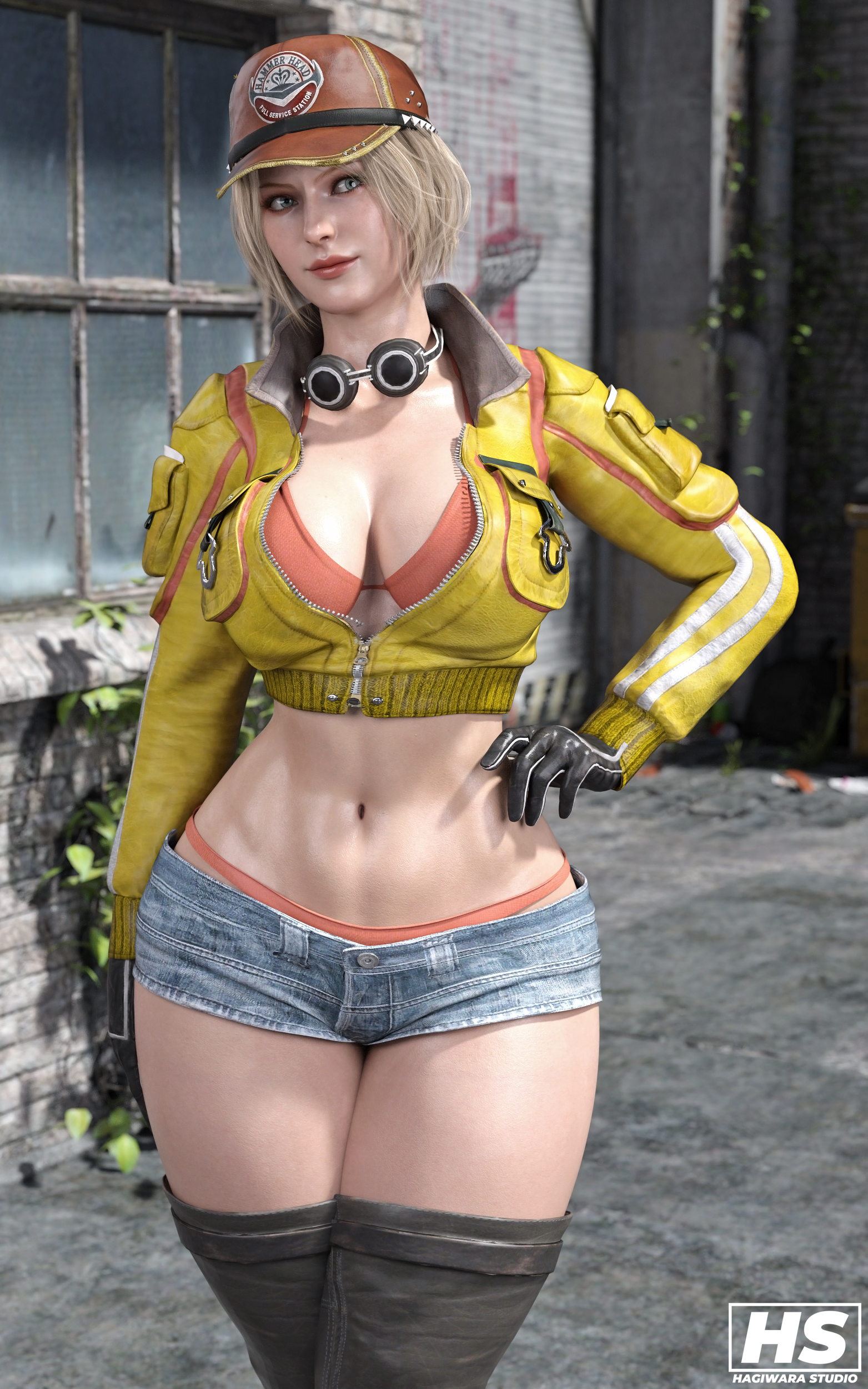 2023, 3d, artist name, ashley graham, ashley graham (ella freya), big breasts, black gloves, blonde hair, blue eyes, breasts, capcom, cindy aurum, cindy aurum (cosplay), cleavage, cosplay, crossover cosplay, female, final fantasy, final fantasy xv, gloves, goggles around neck, hagiwara studio, hourglass figure, jean shorts, leather gloves, resident evil, resident evil 4, resident evil 4 remake, short blonde hair, solo, thick thighs, thong, unzipped jacket
