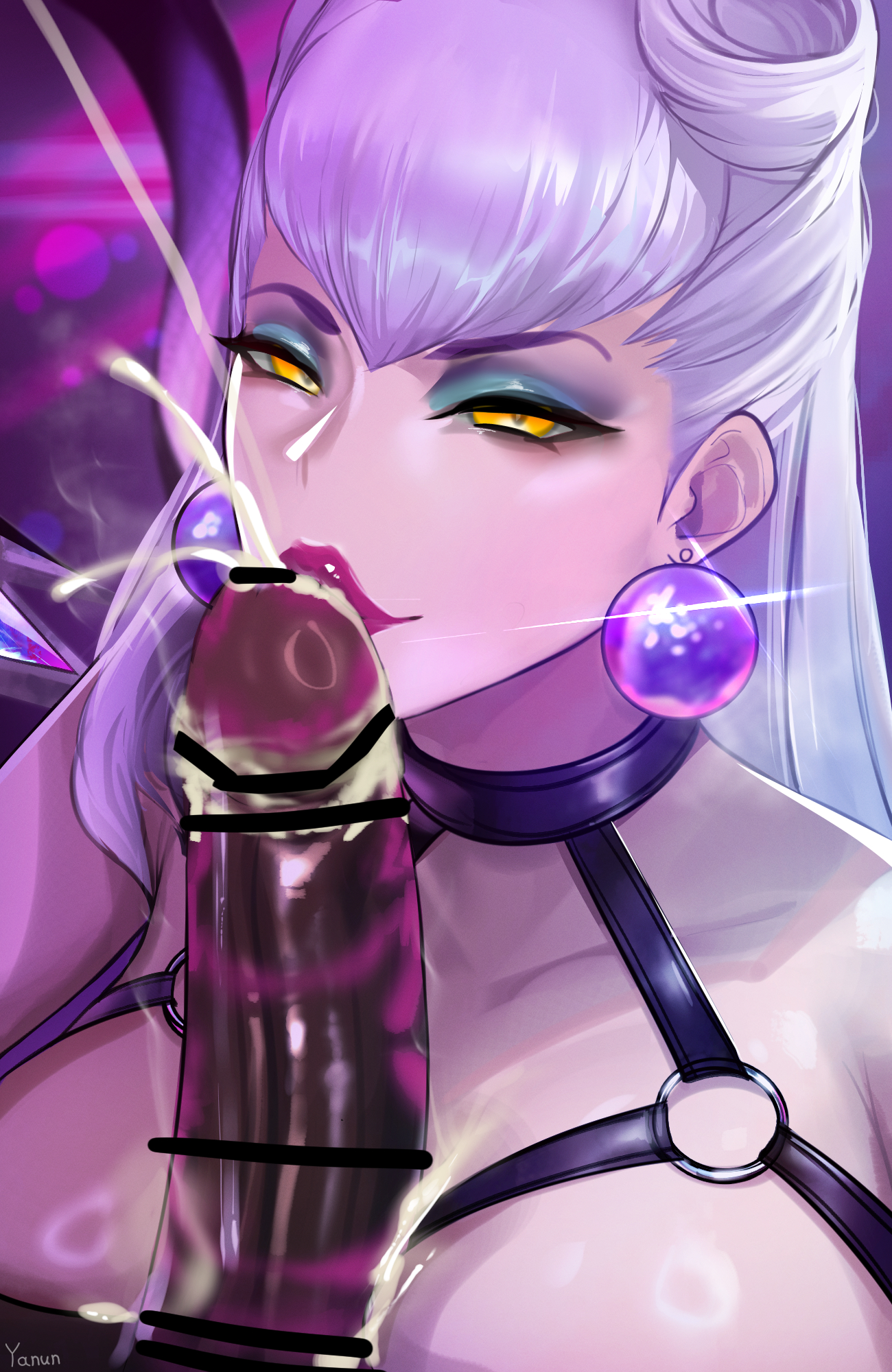 1boy, 1girls, breasts, censored, censored penis, cum, cumshot, dark skin, dark-skinned male, ear piercing, earrings, evelynn, female, hi res, jewelry, k/da all out evelynn, k/da all out series, kissing penis, large breasts, large penis, league of legends, light skin, light-skinned female, lipstick, lipstick mark, lipstick ring, male, pale skin, pale-skinned female, penis, purple hair, riot games, smegma, thick lips, yanun (yanun0557), yellow eyes
