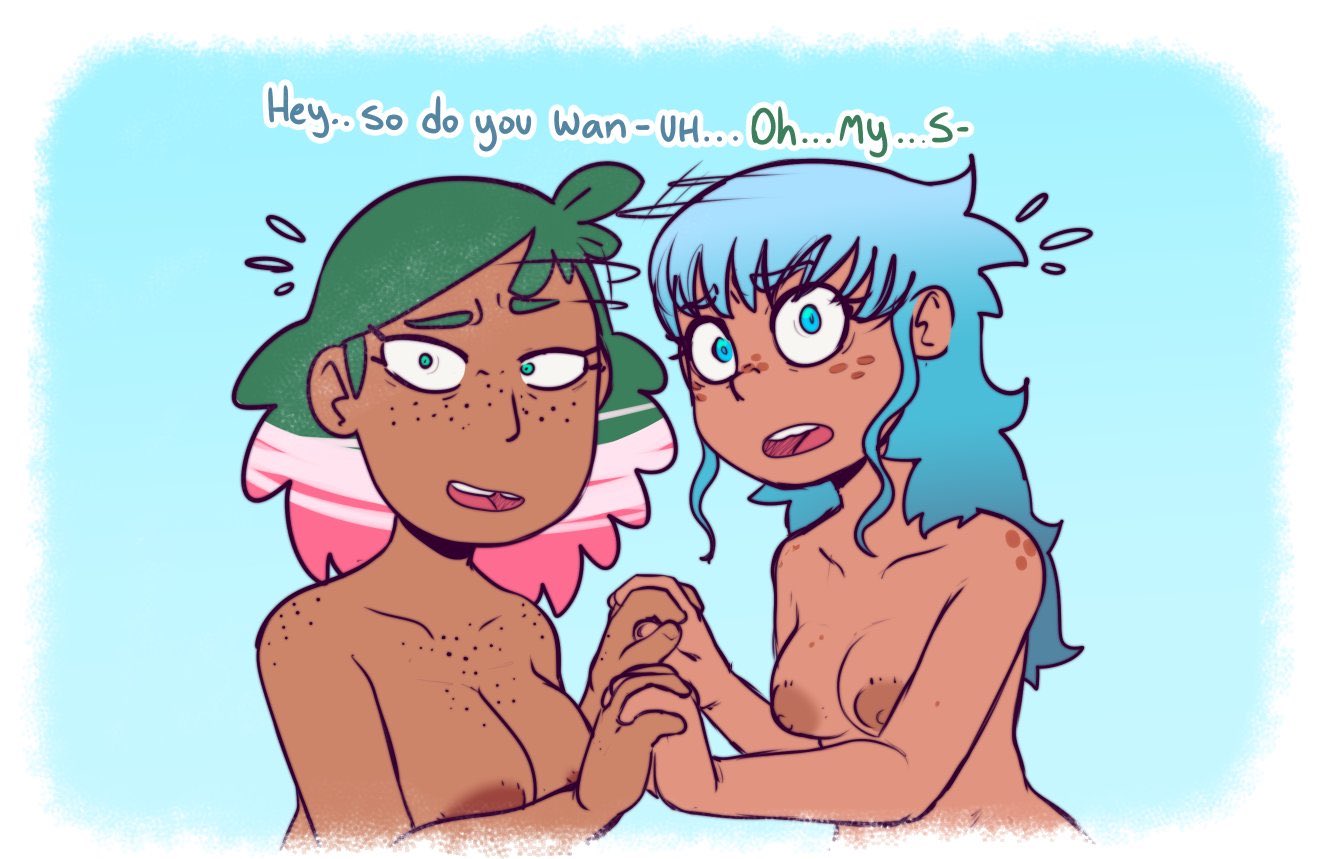 2girls astra_(hexanne) azalea_(hexanne) big_breasts blue_eyes blue_hair breasts dark-skinned_female dialogue freckles green_eyes green_hair hexanne holding_hands multicolored_hair pink_hair shocked shocked_expression shocked_eyes shocked_face