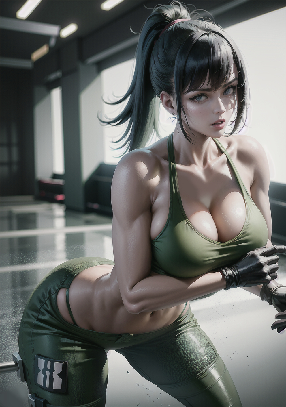 1girls, ai generated, breasts, curvaceous, curvy body, curvy female, curvy figure, female, gym, gym clothes, gym uniform, hi res, huge breasts, looking at viewer, medium hair, ponytail, seductive look, solo, solo focus, stable diffusion