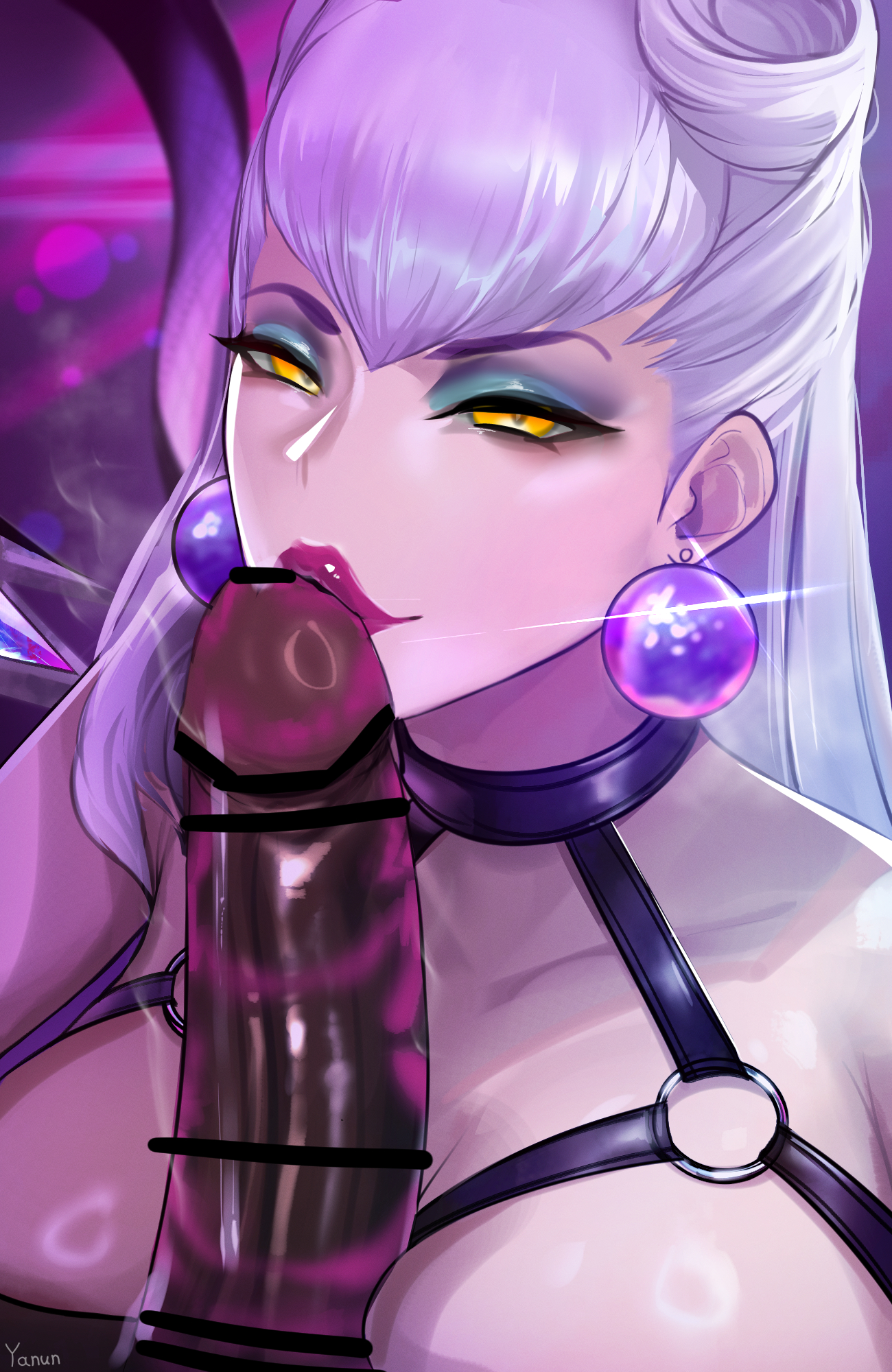 1boy, 1girls, breasts, censored, censored penis, dark skin, dark-skinned male, ear piercing, evelynn, female, hi res, jewelry, k/da all out evelynn, k/da all out series, kissing penis, large breasts, large penis, league of legends, light skin, light-skinned female, lipstick, lipstick mark, lipstick ring, male, pale skin, pale-skinned female, penis, purple hair, riot games, thick lips, yanun (yanun0557), yellow eyes