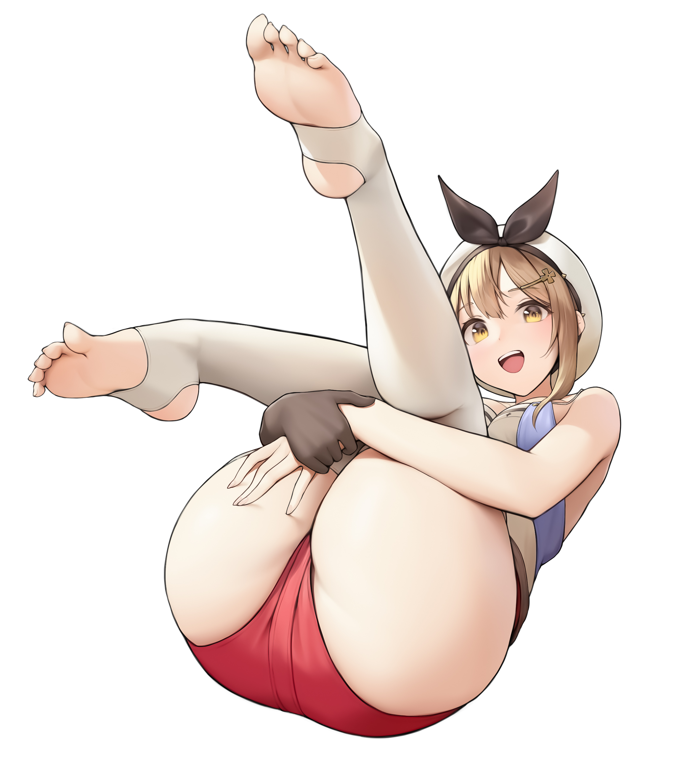 1girls, 2022, absurdres, ass, atelier (series), atelier ryza, atelier ryza 2, breasts, bridal legwear, brown eyes, brown gloves, brown hair, feet, female, foot focus, gloves, hair ornament, hair ribbon, hairclip, hat, highres, holding legs, legs up, looking at viewer, lying, on back, presenting, presenting ass, presenting hindquarters, red shorts, reisalin stout, ribbon, risa (pixiv23908854), short shorts, shorts, single glove, smile, solo, stirrup legwear, thick thighs, thighhighs, thighs, toeless legwear, white background, white headwear, white thighhighs