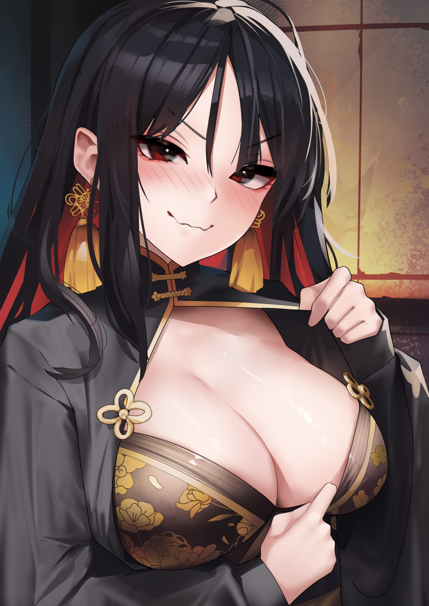 1girls 2023 absurd_res big_breasts black_hair blush breasts cleavage earrings eye_contact female female_only gloomyowl goddess_of_victory:_nikke hi_res high_resolution highres light-skinned_female long_hair looking_at_viewer moran_(nikke) nervous_smile pointy_chin red_eyes showing_breasts smile solo