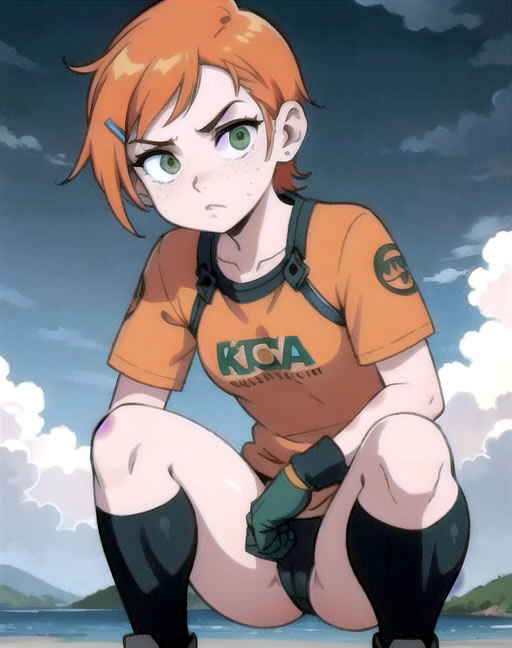 1girls, ai generated, ben 10, black gloves, black panties, black socks, bruise, crouching, crouching female, female, female only, freckles, gloves, green eyes, gwen tennyson, orange hair, orange shirt, petite, short hair, solo, stable diffusion