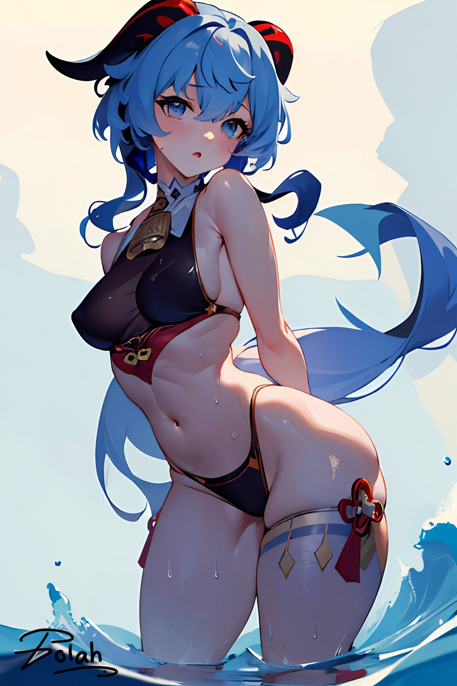 2023, ai generated, bikini, blue eyes, blue hair, body, breasts, female, ganyu (genshin impact), genshin impact, horns, polah u, tagme, water
