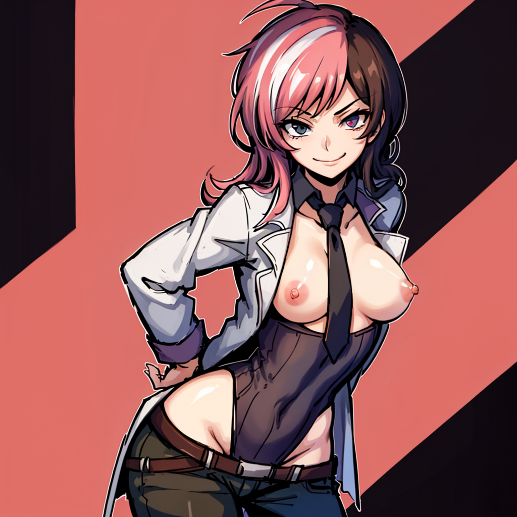 1girls 2023 ai_generated background_pattern black_hair blue_eyes breasts breasts_out brown_hair dark_eyes exposed_breasts heterochromia leotard leotard_under_clothes leukocrisp looking_at_viewer medium_breasts mostly_clothed multicolored_hair neo_(rwby) nipples pink_eyes pink_hair rooster_teeth rwby shirt_lift smile solo stable_diffusion tie