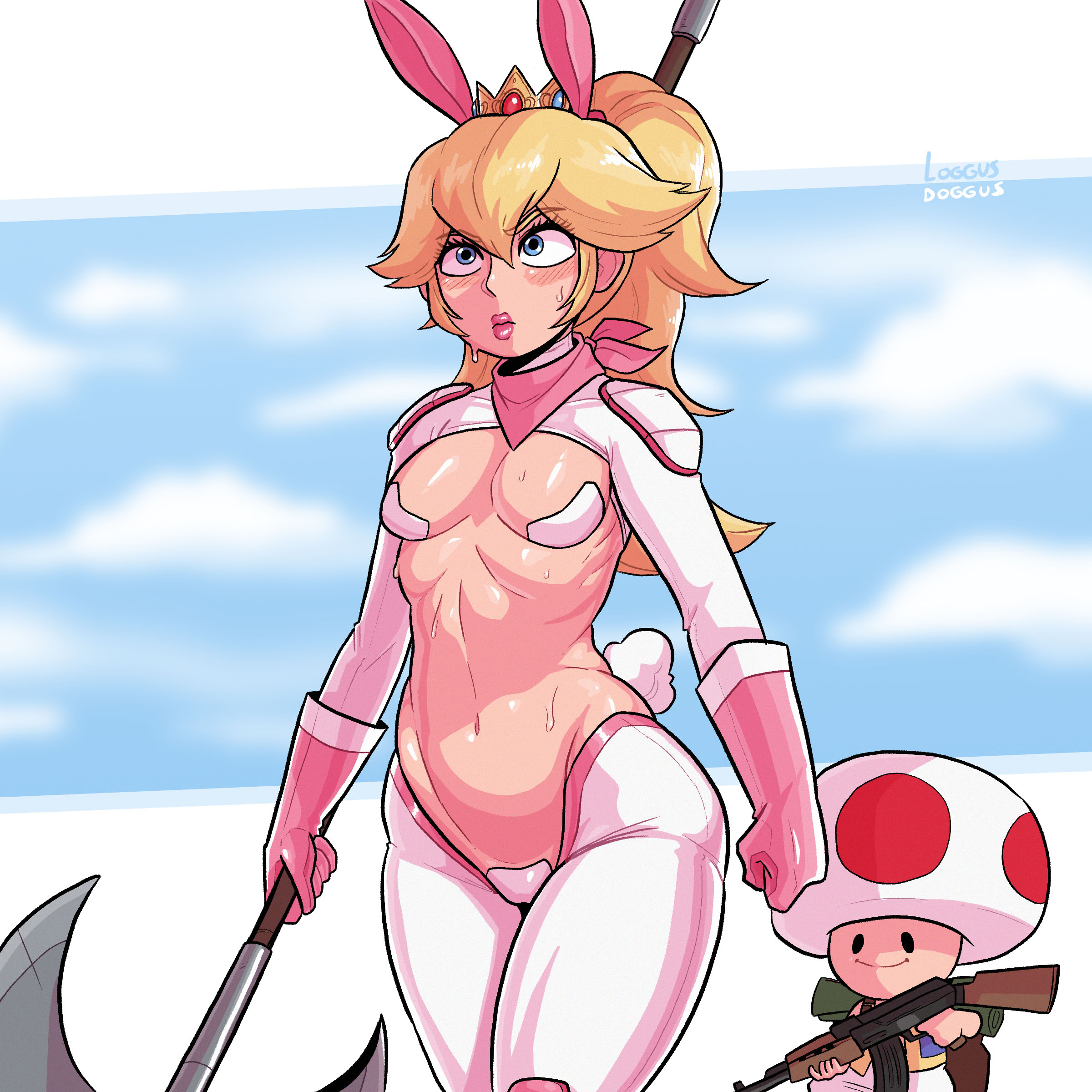 1boy, 1girls, breasts, bunny costume, bunny ears, bunny girl, bunny tail, bunnysuit, female, female focus, funny background event, gun, hankerchief, holding weapon, loggus doggus, maebari, male, mario (series), midriff, nintendo, pasties, princess peach, revealing clothes, reverse bunnysuit, skimpy, small breasts, smaller male, standing, super mario bros. (2023 film), sweat, sweatdrop, sweating, tight clothing, toad (mario), weapon, wet