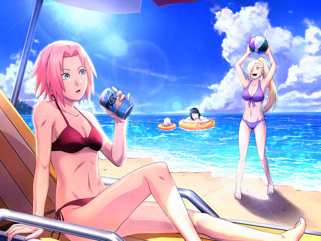 1animal 3girls ball barefoot beach beach_ball bikini black_hair blue_sky breasts can chair closed_eyes clouds detailed_background drink feet female female_only floater hair_over_one_eye holding_object ino_yamanaka light_particles long_hair medium_breasts multiple_girls naruto naruto_(series) naruto_shippuden ocean official_art open_mouth open_smile outdoors paipan pale-skinned_female pale_skin partially_submerged pelvic_curtain perky_breasts pig relaxed sakura_haruno sand shizune shore sitting soda sun sunlight swimsuit toes tonton umbrella