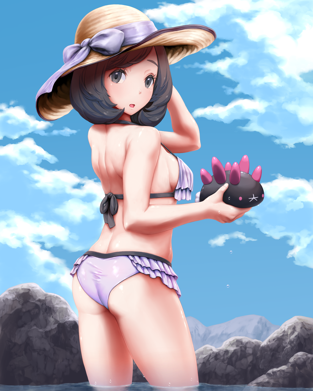 1girls ass back bikini black_eyes black_hair breasts clouds hat in_water looking_at_viewer looking_back medium_breasts mk_(mikka) nintendo outside pokemon pokemon_sm purple_bikini purple_swimsuit pyukumuku rocks selene_(pokemon) short_hair sky straw_hat sun_hat swimsuit water