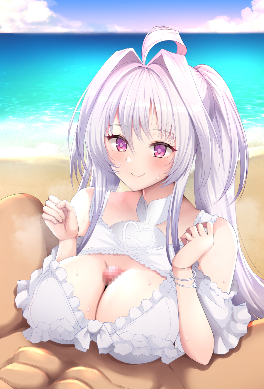 1boy 1girls ahoge beach big_breasts bikini blue_sky blush breasts censored cleavage closed_mouth cloud cloudy_sky dain_(bishop_m) fate/grand_order fate/prototype fate_(series) female frilled_bikini frills hair_between_eyes hair_intakes highres lady_avalon_(fate) lady_avalon_(second_ascension)_(fate) large_breasts light-skinned_female light-skinned_male light_skin merlin_(fate/prototype) mosaic_censoring ocean paizuri penis pink_eyes sky smile solo_focus sweat swimsuit twintails white_bikini white_hair