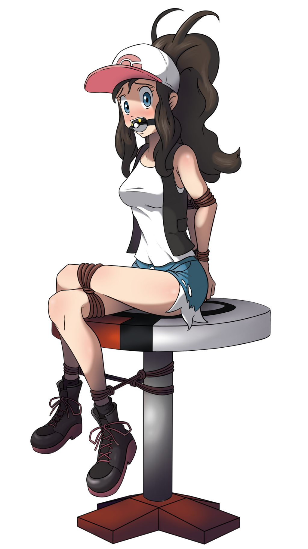 1girls alpha_channel ball_gag blue_eyes bondage brown_hair clothed clothed_female female for_sticker_use fully_clothed fully_clothed_female hilda_(pokemon) no_background png poke_ball_gag pokemon pokemon_bw ponytail scared scared_expression solo solo_female sticker_template table transparent_background transparent_png yukas_armstrong