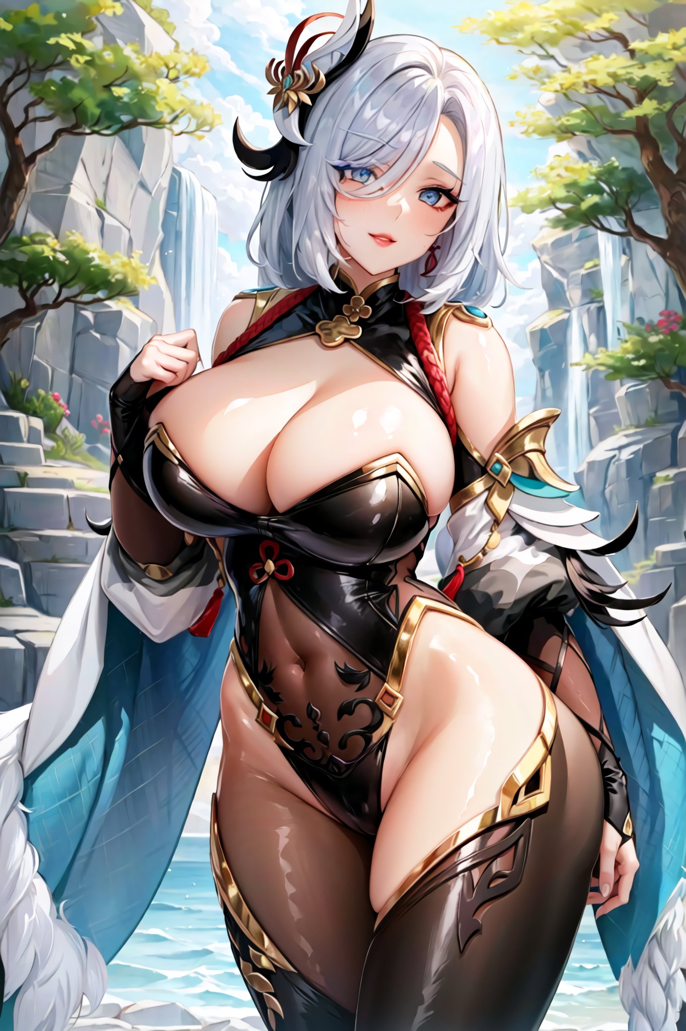 1girls, ai generated, breasts, curvaceous, curvy body, curvy female, curvy figure, female, genshin impact, huge breasts, leotard, long hair, looking at viewer, seductive look, shenhe (genshin impact), stable diffusion, white hair