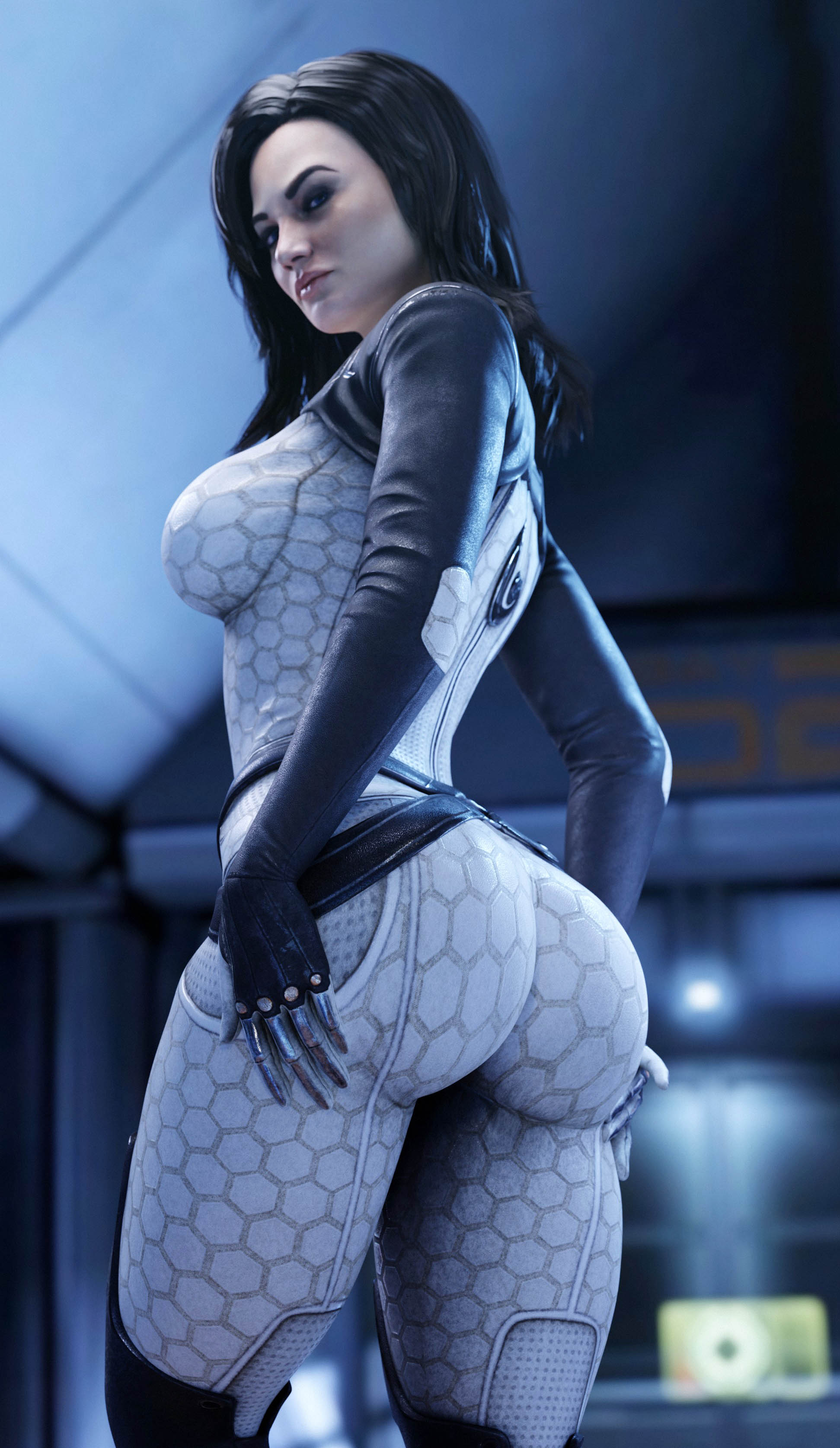 1girls, 3d, 3d (artwork), ass, ass grab, back view, batesz, big ass, black hair, blender, blender (software), blue eyes, bodysuit, bubble ass, bubble butt, butt grab, electronic arts, female, female only, fully clothed, large ass, long hair, looking at viewer, looking back, mass effect, mass effect 2, miranda lawson, rear view, skin tight, skinsuit, solo, solo female, suit, thick ass, wallpaper