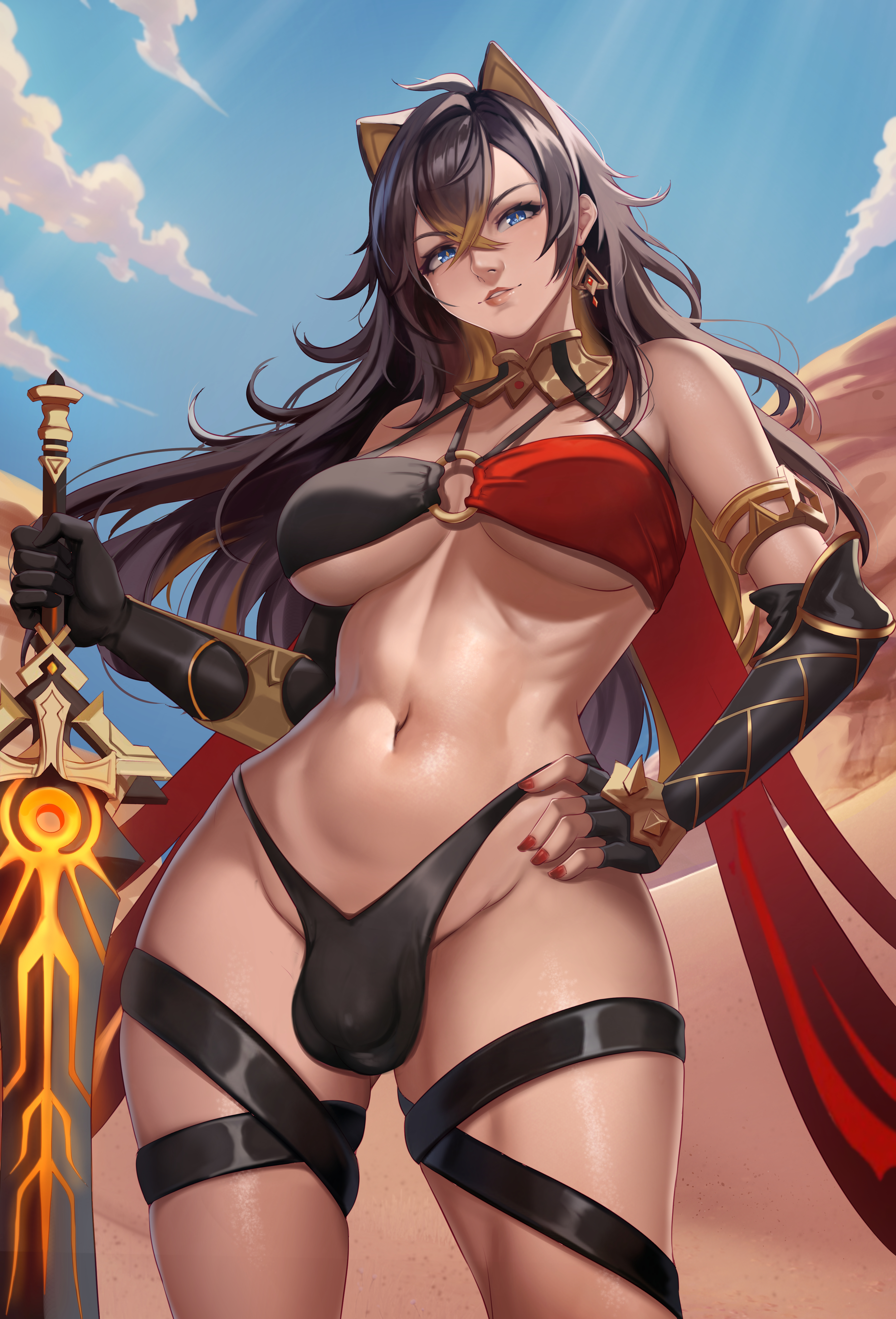 1futa, absurd res, absurdres, animal ears, arm length gloves, balls, bangs, bare shoulders, bare thighs, big breasts, bikini, bikini bottom, bikini top, black gloves, black hair, black panties, black underwear, blue eyes, bra, breasts, bulge, bulge through clothing, busty, cat ears, clothed, clothing, dehya (genshin impact), desert, dickgirl, earrings, exlic, fingerless gloves, fingernails, fit, fit futa, flaccid, flaccid penis, futa only, futanari, genshin impact, gloves, greatsword, hand on hip, hand on own hip, high resolution, highres, hips, holding sword, holding weapon, humanoid, humanoid penis, intersex, kemonomimi, large breasts, large filesize, light skin, light-skinned futa, long hair, looking at viewer, mostly nude, nail polish, navel, panties, parted lips, penis, red nail polish, red nails, smile, solo, solo futa, standing, stomach, sword, thick thighs, thigh strap, thighs, toned, toned body, toned futa, underwear, very high resolution, weapon, wide hips
