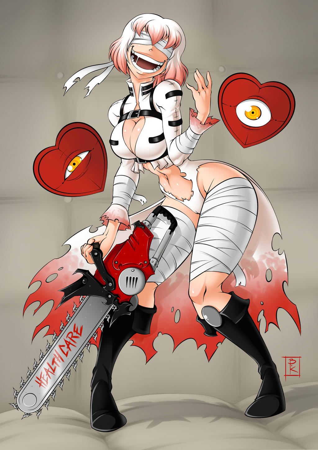 bandages big_breasts black_boots blindfolded blunt_katana chainsaw crazy crazy_smile female female_focus female_only flying_heart insane mixed_hair_color orange_eyes shiny_skin torn_clothes white_panties white_skin white_skinned_female