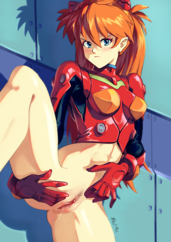 1girls angry asuka_langley_sohryu bare_legs blue_eyes blush bottomless exposed_pussy looking_at_viewer navel navel_line neon_genesis_evangelion no_panties orange_hair plugsuit pubes pubic_hair pussy pussy_juice shaved_pussy solo tagme urumi_(urumi00)