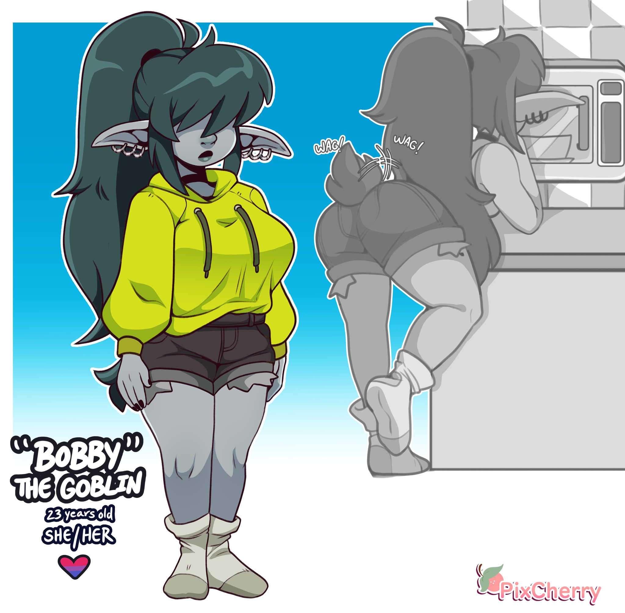 1girls, arms at sides, ass, bent over table, black nails, character sheet, cherrypix, choker, ear piercing, earrings, female, female only, goblin, goblin female, green hair, grey skin, hair band, hair over eyes, hi res, hoodie, humanoid pointy ears, long hair, original, original character, painted nails, pointy ears, ponytail, shorts, shortstack, solo, tail, wagging tail