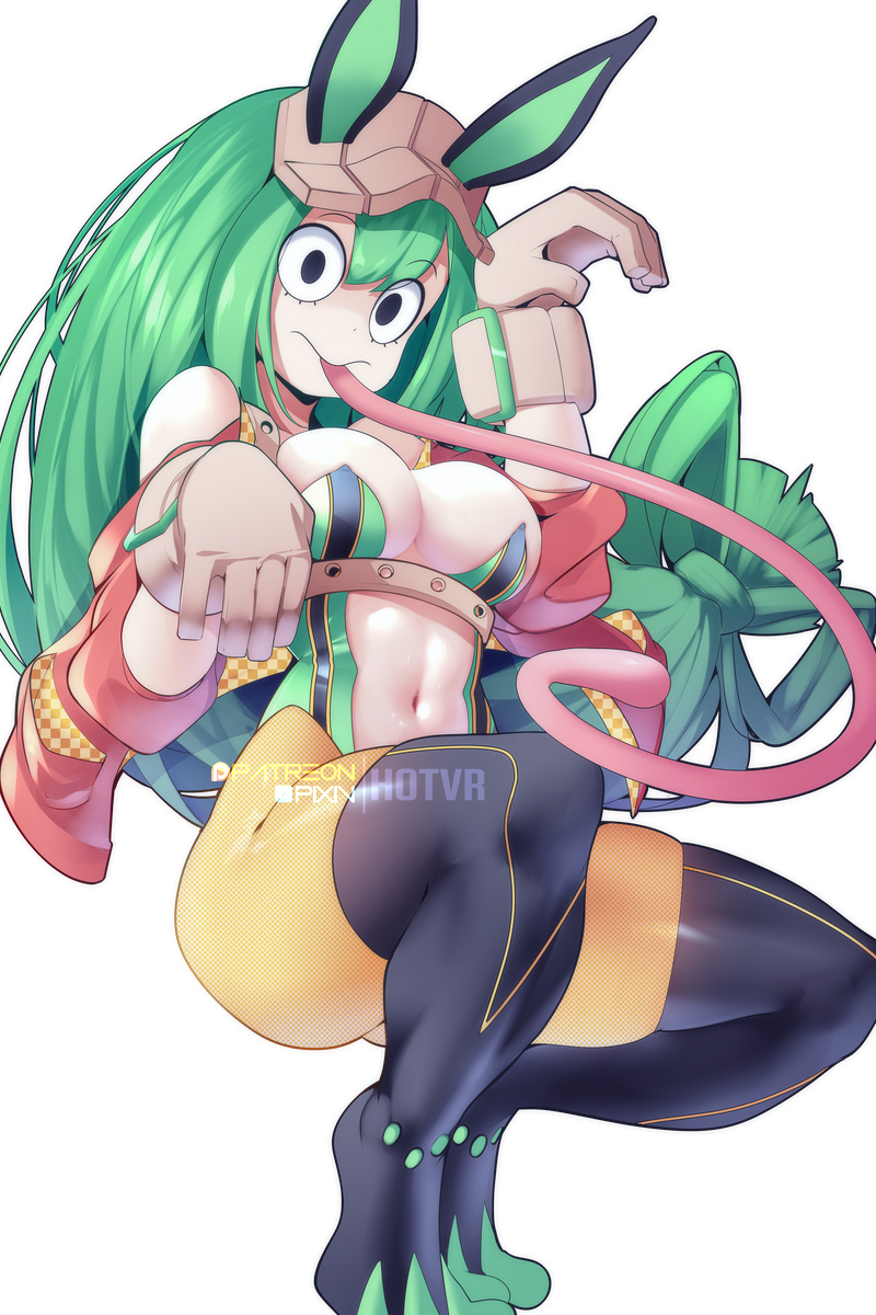 1girls, adapted costume, breasts, bunny ears, bunny girl, bunnysuit, female, green eyes, green hair, green-haired female, highleg leotard, hotvr, huge breasts, leotard, light skin, light-skinned female, long hair, long tongue, looking at viewer, my hero academia, solo, thick thighs, thighs, tongue, tongue out, tsuyu asui, wide hips