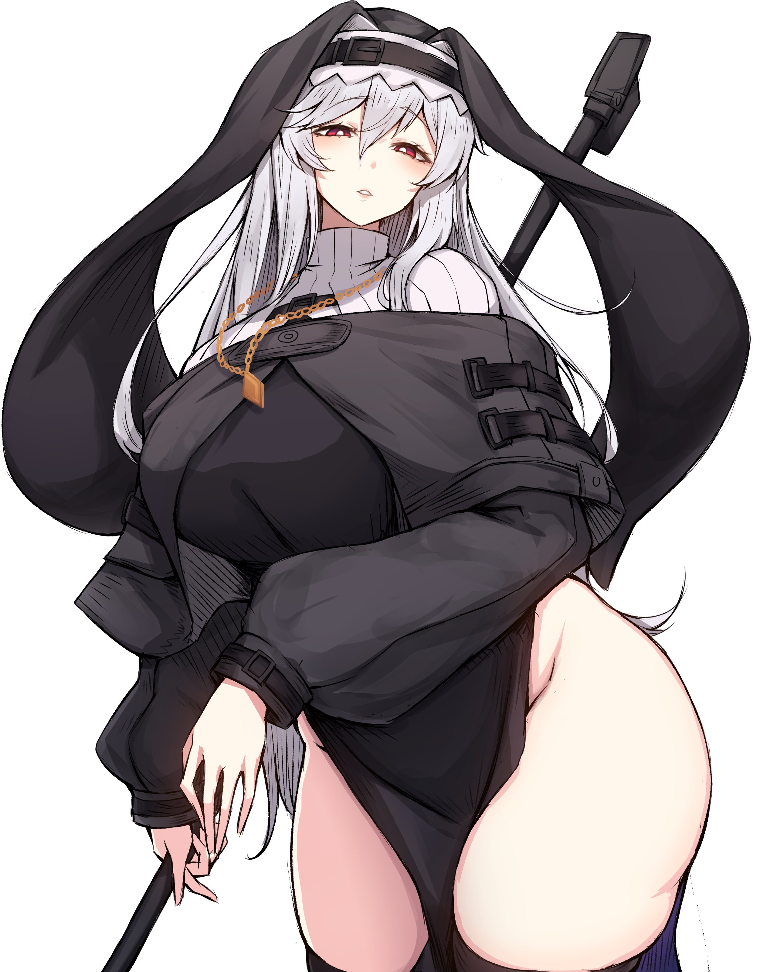1girls, arknights, big breasts, breasts, curvy, female, holding weapon, hourglass figure, huge breasts, light skin, light-skinned female, long hair, mature female, nun, nun outfit, nun's habit, pale skin, pale-skinned female, red eyes, rikuguma, specter (arknights), thighhighs, weapon, white hair, wide hips