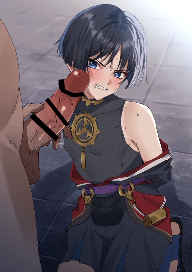 2boys, artist request, big penis, blush, bondage, femboy, femboysub, genshin impact, giant penis, mad, male, male only, nipples visible through clothing, penis, penis on face, purple eyes, purple hair, rape, scaramouche (genshin impact), sweat, tied up, yaoi
