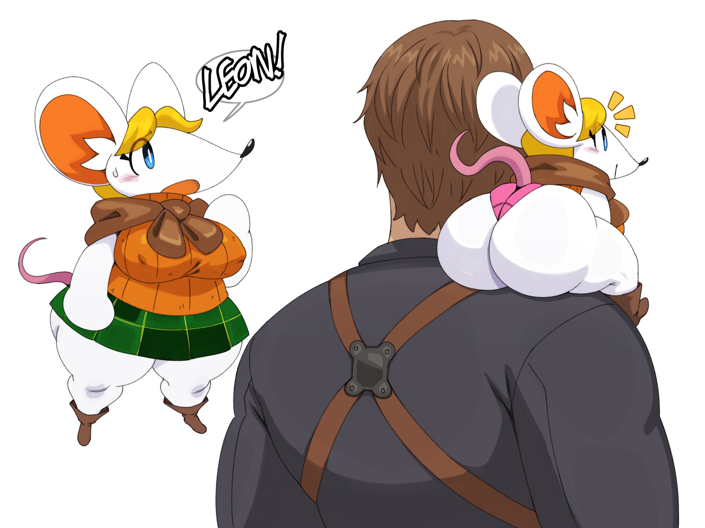 1girls, anthro, ashley graham, ass, big ass, big breasts, blonde hair, breasts, bubble ass, bubble butt, clothing, dialogue, fat ass, female, huge ass, human, large ass, leon scott kennedy, male, mouse, moushley, panties, rear view, resident evil, resident evil 4, scarf, shirt, shortstack, size difference, skirt, sssonic2, text, thick ass