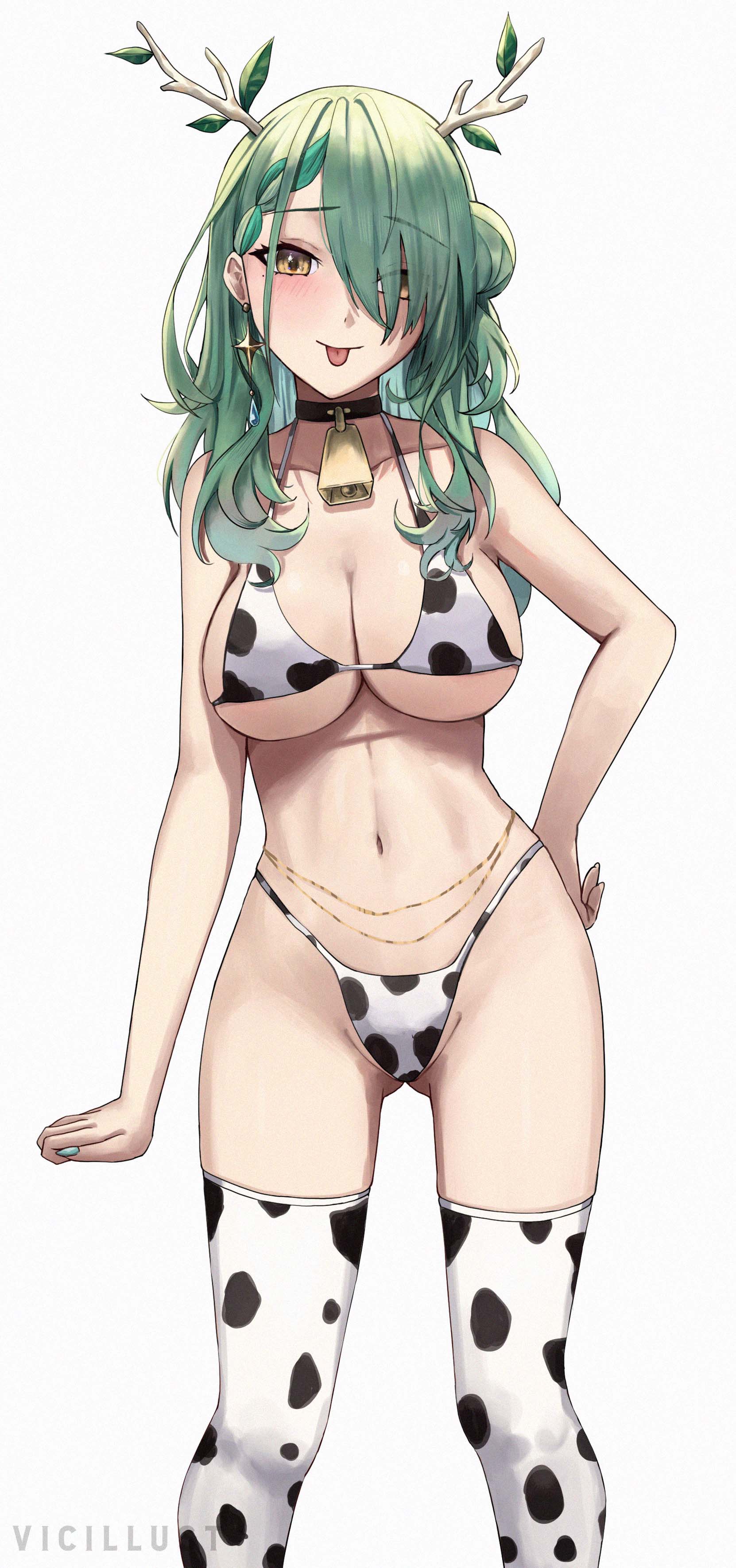 1girls, 2023, alternate version available, antlers, bell, bell collar, belly, big breasts, bikini, bikini bottom, bikini top, blush, breasts, ceres fauna, clavicle, cleavage, collar, cow print, cow print bikini, cow print legwear, cowbell, earrings, eyebrows visible through hair, eyelashes, female, green hair, hair over one eye, hololive, hololive english, hololive english -council-, hololive english -promise-, large breasts, legwear, light skin, light-skinned female, long hair, looking at viewer, navel, posing, signature, simple background, small bikini, standing, thighhighs, thighs, tongue, tongue out, vicarious (vicillust), virtual youtuber, white background, yellow eyes