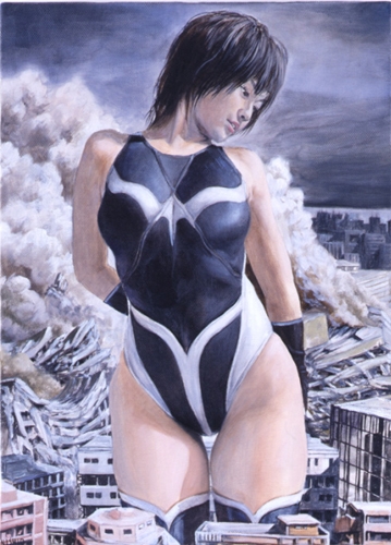 1girls asian asian_female black_hair breasts city city_destruction cleavage destruction drawing giantess looking_down oil_painting one-piece_swimsuit painting thighs