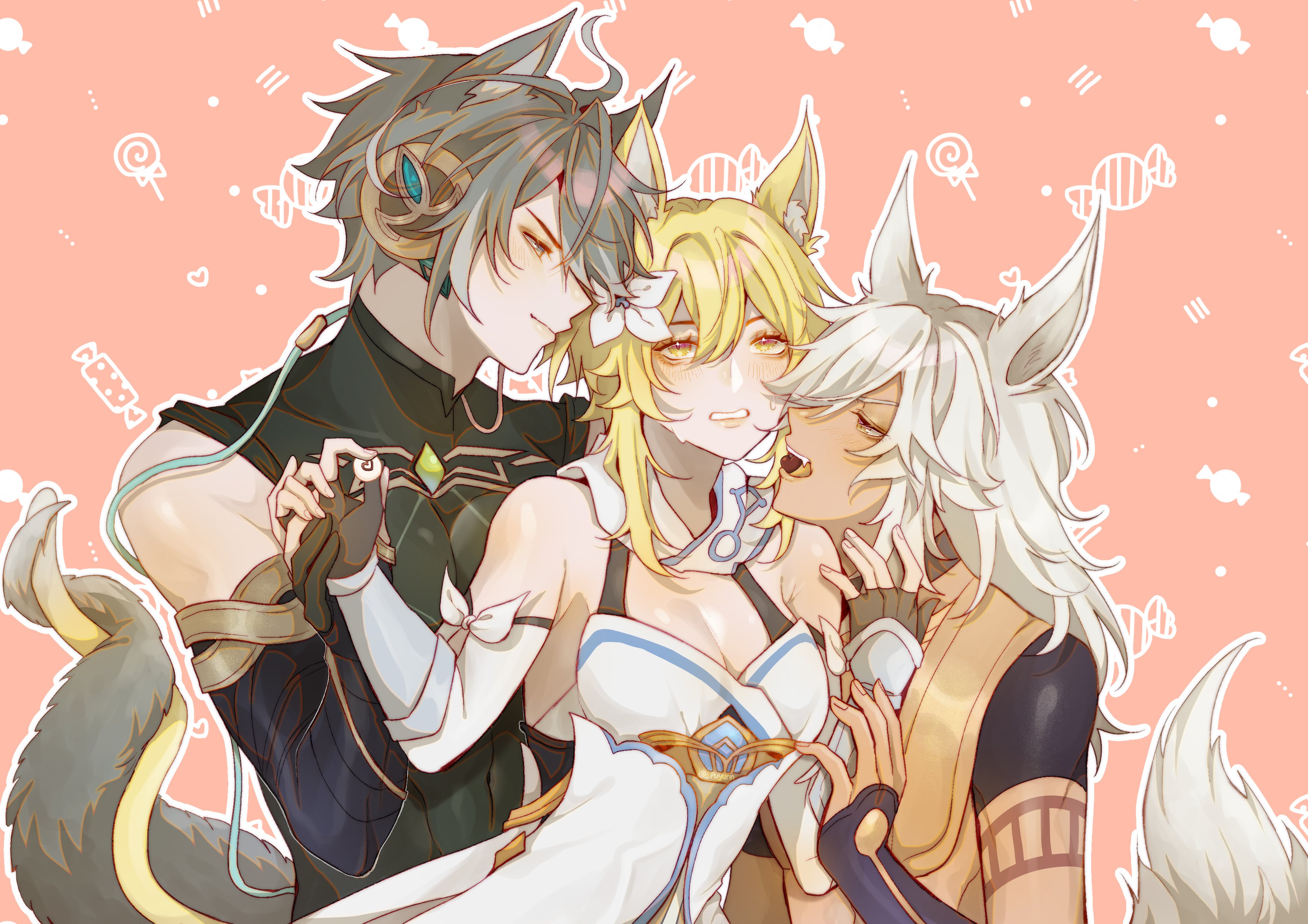 1girls, 2boys, alhaitham (genshin impact), animal ears, animal tail, blonde hair, blush, cat ears, cat tail, cyno (genshin impact), female, flower in hair, fox ears, fox tail, genshin impact, hand grab, lumine (genshin impact), male, sandwiched, tail, tails touching, white hair, wolf ears, wolf tail, yellow eyes