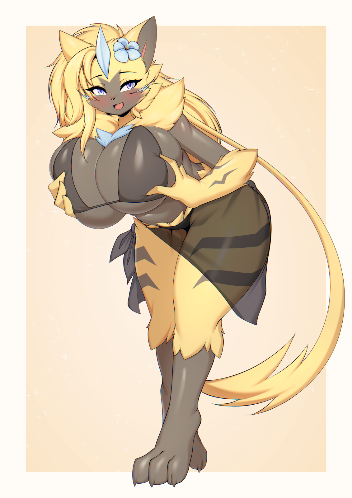 2023, alternate version available, anthro, aurora (nbanoob), bikini, blonde hair, blush, breasts, female, flower in hair, furry, game freak, huge breasts, long blonde hair, long hair, nintendo, pokemon, pokemon usm, purple eyes, pushing breasts together, tailzkim, yellow theme, zeraora
