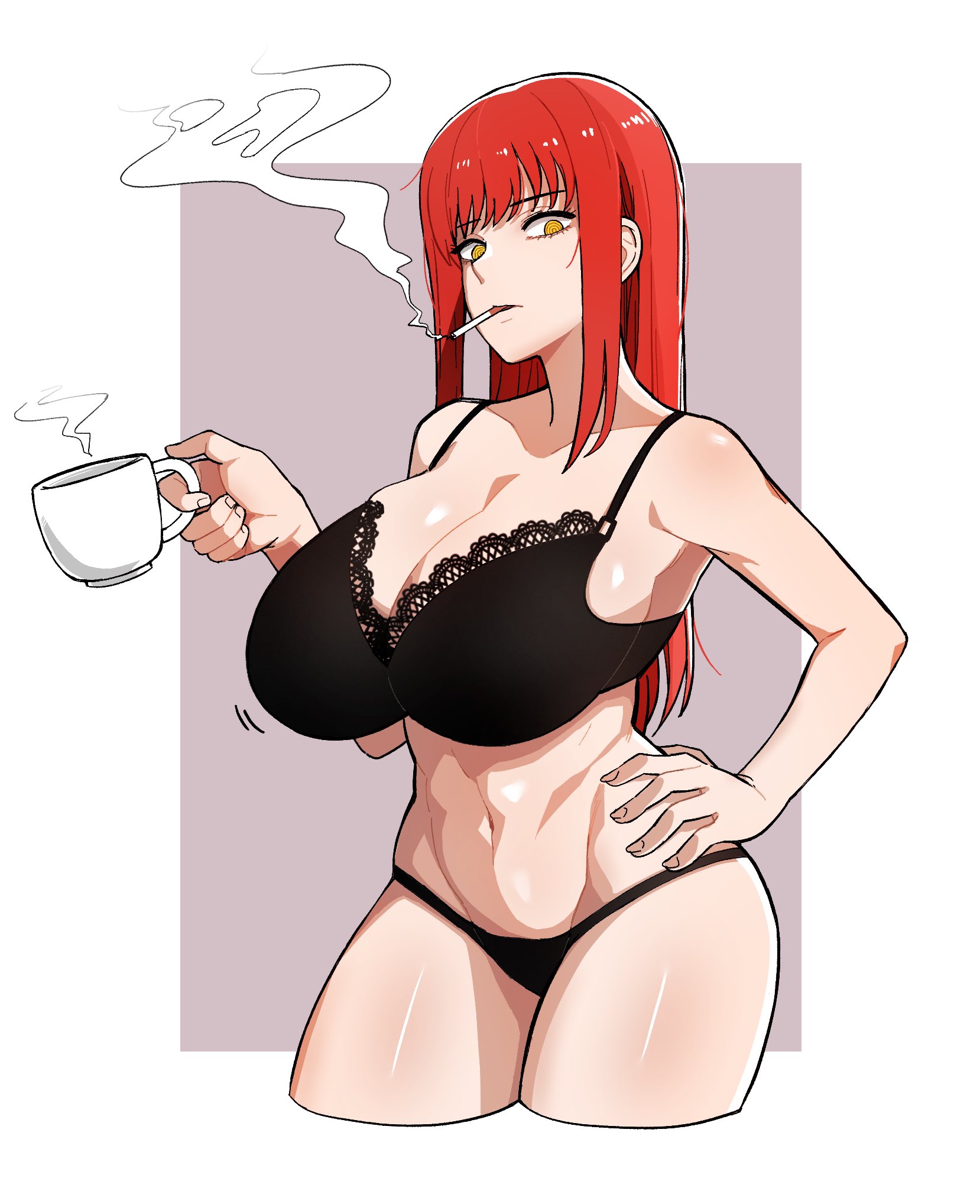 1girls, big breasts, black bra, black panties, bottomwear, bra, breasts, chainsaw man, cigarette, cleavage, coffee, coffee mug, female, female only, hair, hand on hip, huge breasts, lace, lace trim, lace-trimmed bra, lace-trimmed panties, lingerie, long hair, makima (chainsaw man), panties, red hair, siri (artist), smoking, solo, solo female, thick thighs, thighs, topwear, yellow eyes