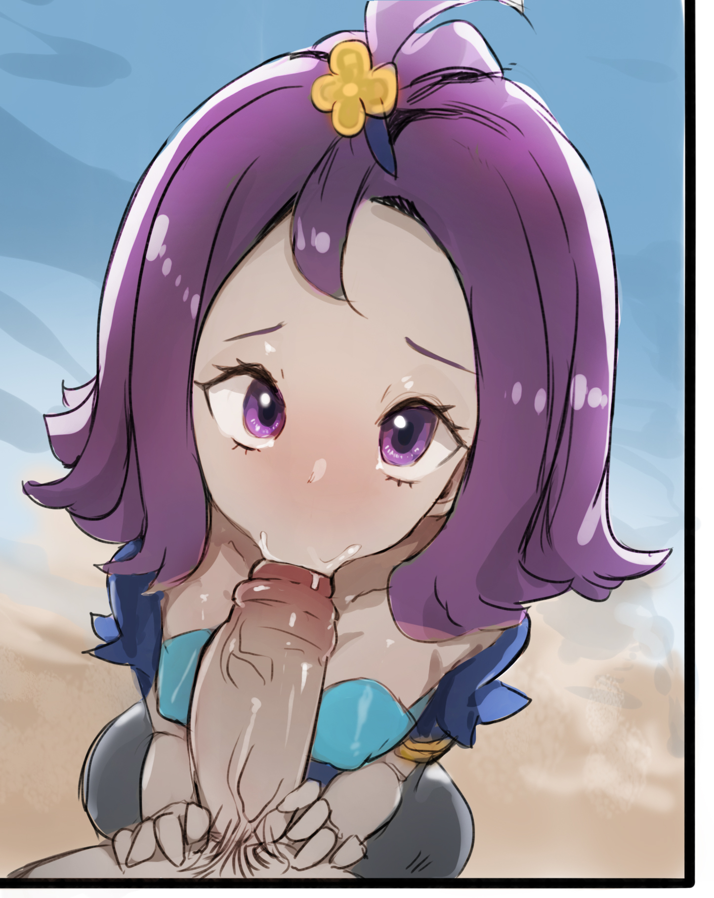 :>, 1girls, acerola (pokemon), blowjob, clothed sex, color, dress, fellatio, female, hair ornament, light skin, light-skinned female, looking up, male, menyang, my700, oral, penis, pokemon, pokemon sm, purple eyes, purple hair, short hair