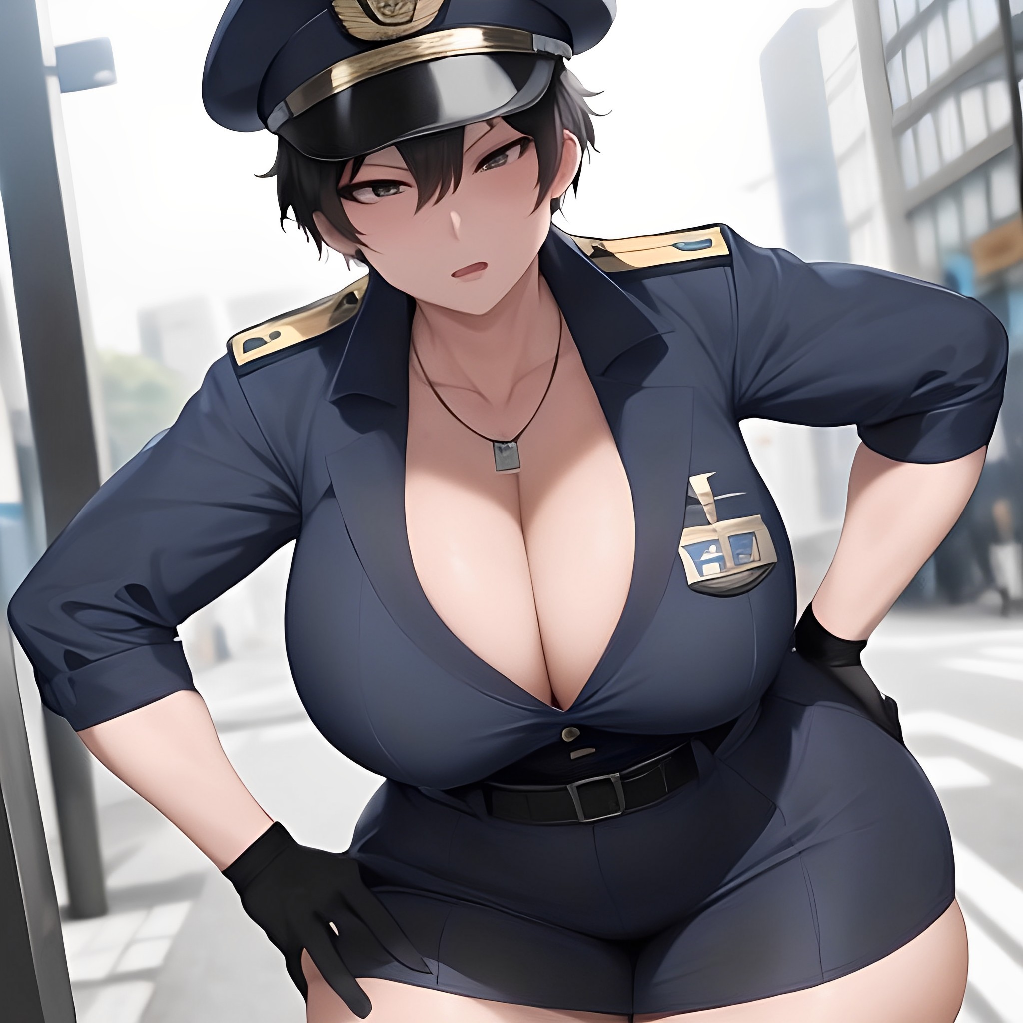 1girls, ai generated, asian, asian female, big breasts, breasts, cleavage, female, female focus, female only, japanese, mature, mature female, milf, necklace, police, police badge, police hat, police officer, police uniform, policewoman, short hair