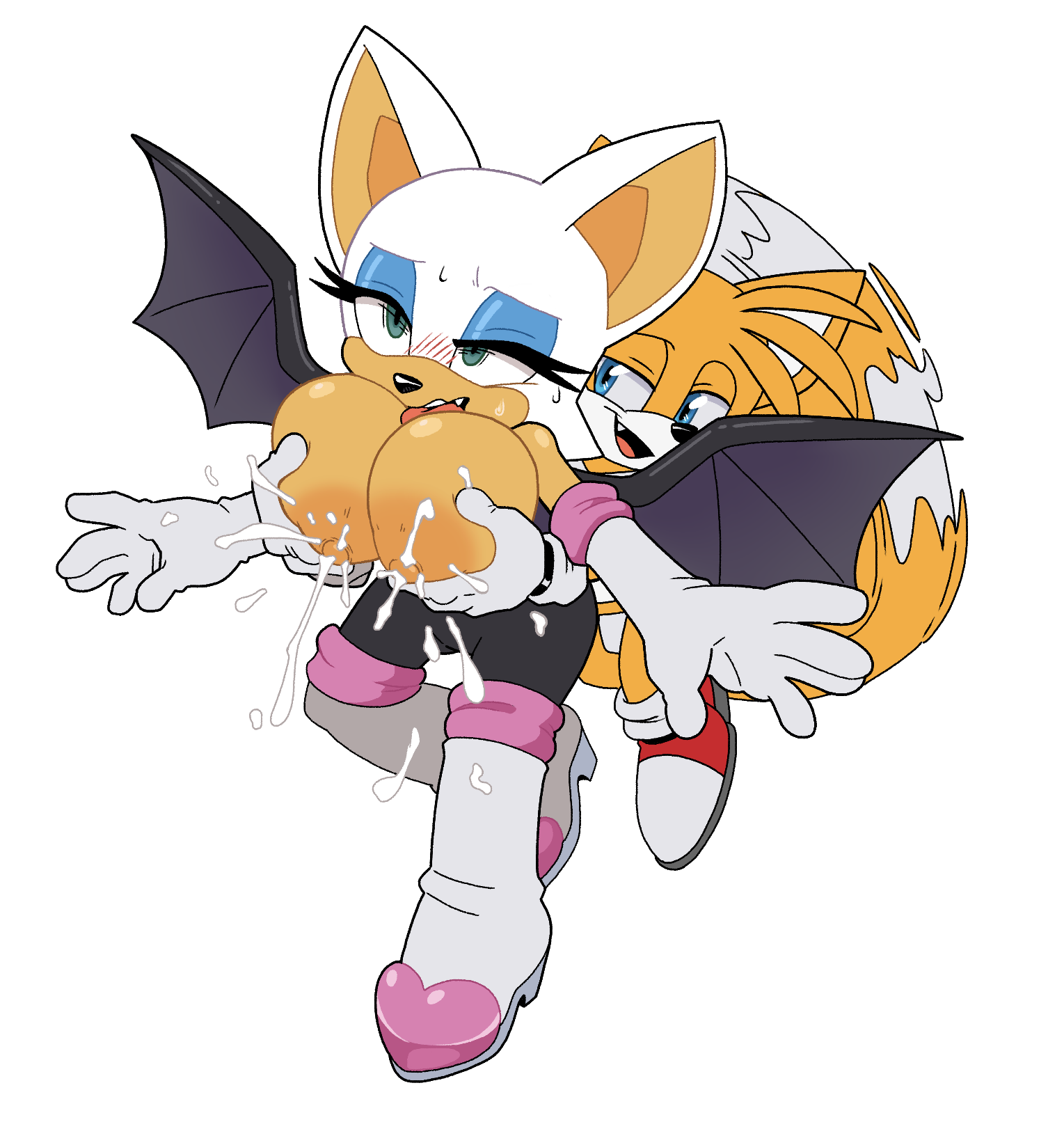 1boy, 1girls, age difference, anthro, bat, big breasts, blush, breast milk, breasts, female, flying, fox, lactation, leatherruffian, male, older female, older female and younger male, rouge the bat, sega, sonic (series), sonic the hedgehog (series), tagme, tails, tails the fox, younger male