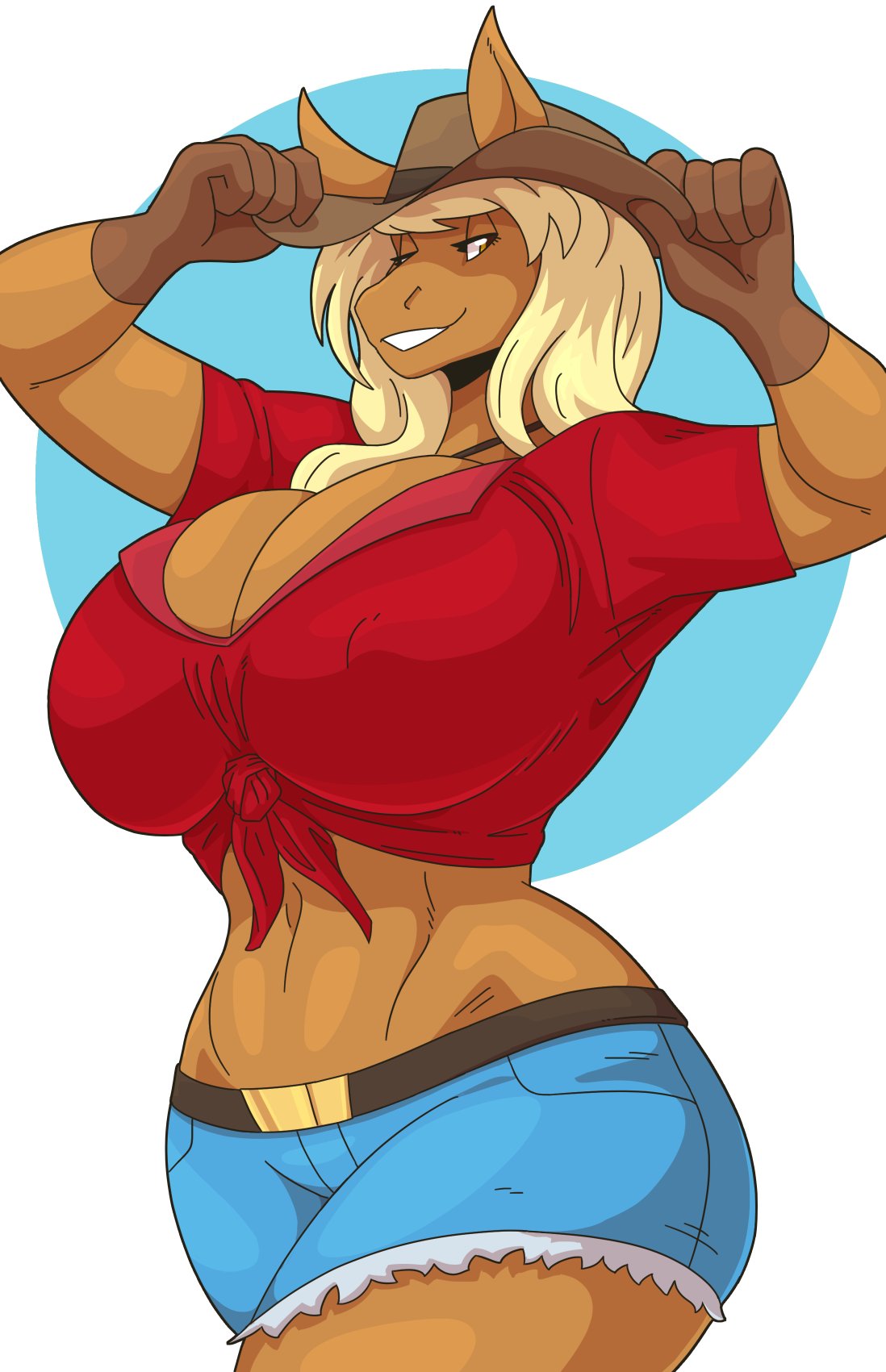 1girls adjusting_hat anthro armpits big_breasts blonde_hair brown_body commission cowboy_hat cowboy_outfit equine female female_only hi_res horse_ears long_hair looking_at_viewer narrowed_eyes nipple_bulge slightlysimian smiling smiling_at_viewer solo teeth_showing thick_thighs